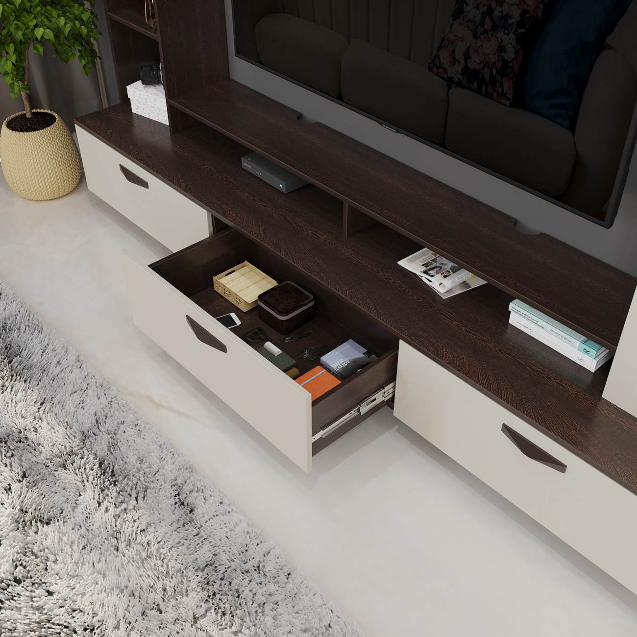 BLUEWUD Fenily Engineering Wood Floor Standing TV Entertainment Unit Set Top Box Stand/TV Cabinet Panel with Shelves for Books & D�cor Display Unit Bed Living Room Upto 60 Inches (Wenge & White)