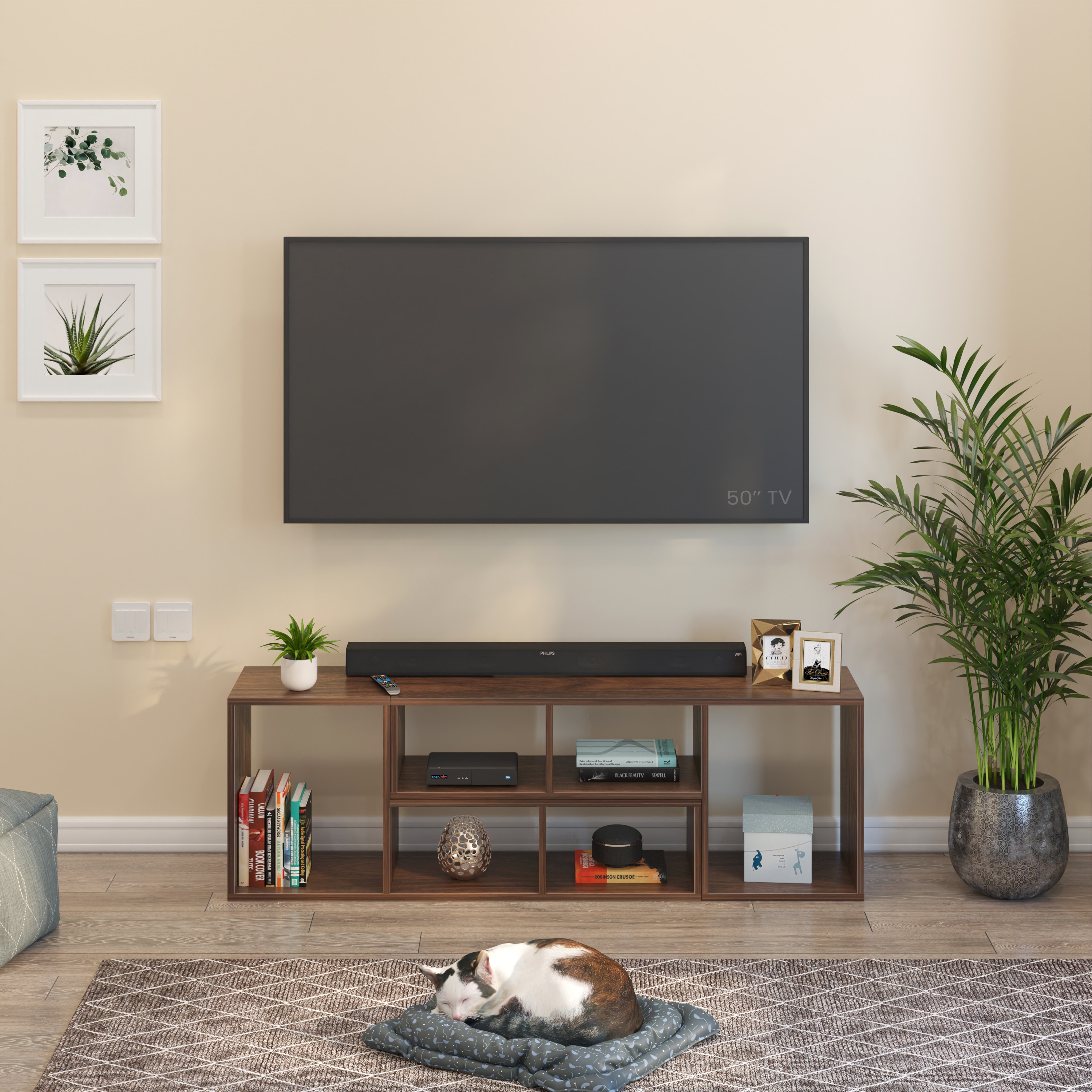 BLUEWUD Petel Engineered Wood TV Entertainment Unit/Versatile Adjustable TV Panel Stand & Storage Unit with 6 Compartments & Adjustable L-Shaped Shelves DIY Ideal Upto 65 Inches TV (Petel Brown Maple)