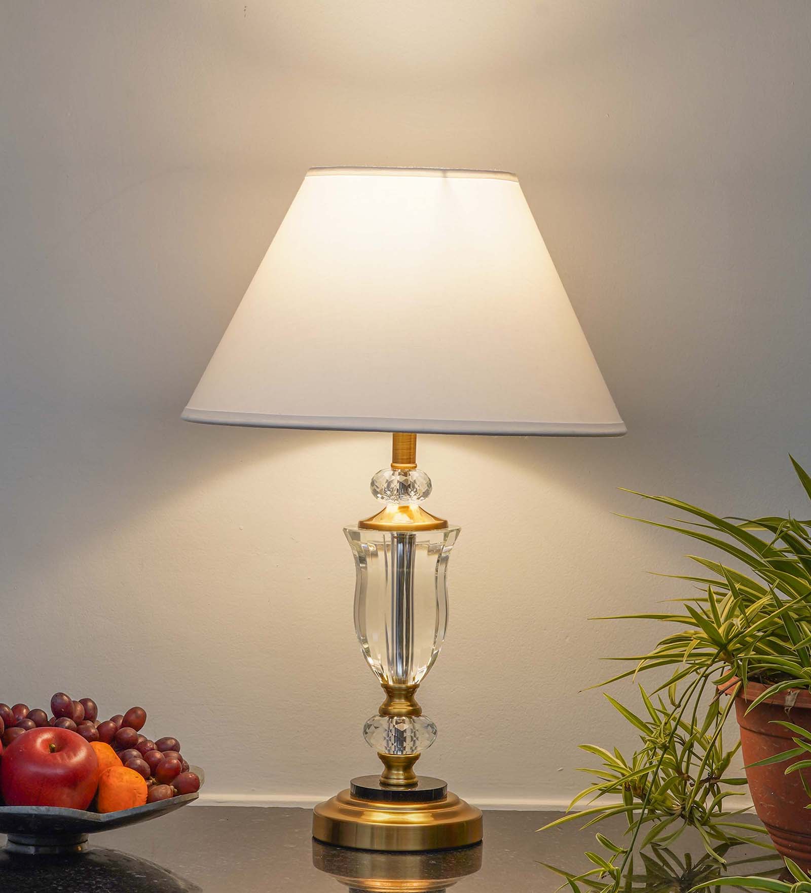 Ashurst Black & Antique Brass Finish Metal And Clear Crystal Glass Table Lamp With White Cotton Shade