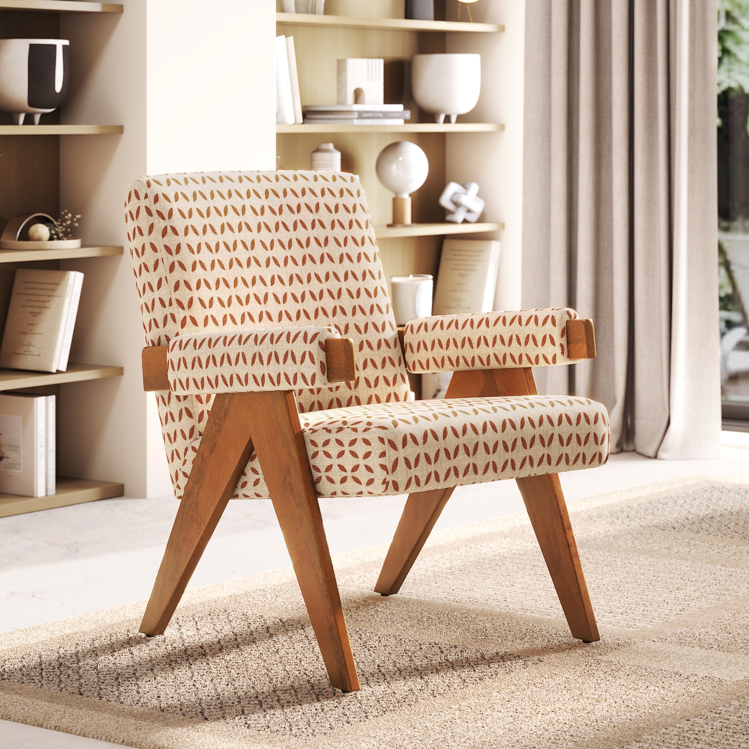 Chandigarh Fabric Lounge Chair in Amber Walnut Finish with Marigold Floral Buti Colour