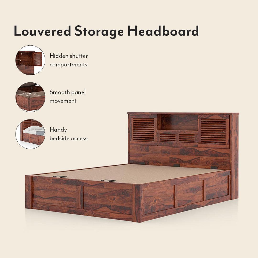 Cambry Queen Size Hydraulic Storage Bed With Headboard Storage In Honey Finish