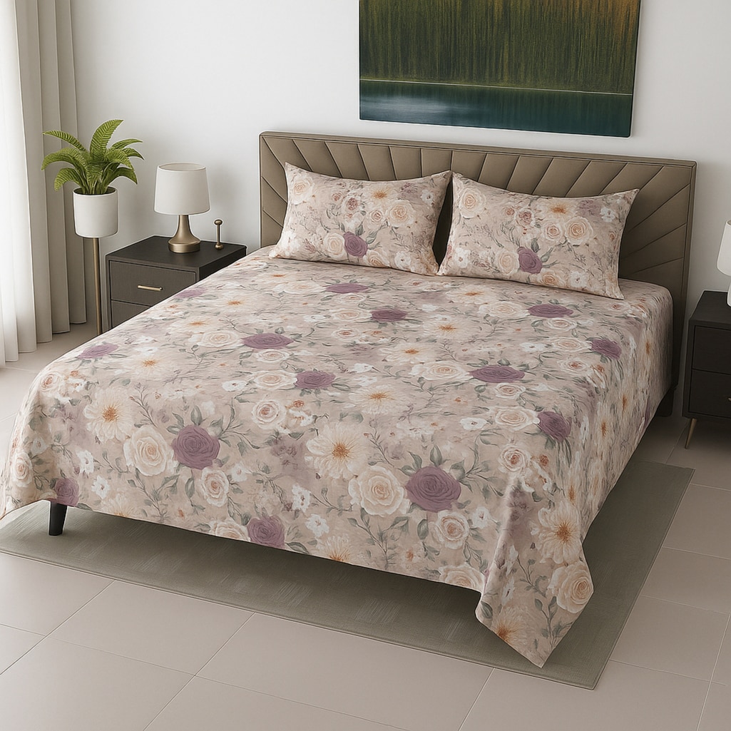 Pink Floral 400 TC Cotton Flat Super King Size Bedsheet With 2 Pilllow Covers From Threads