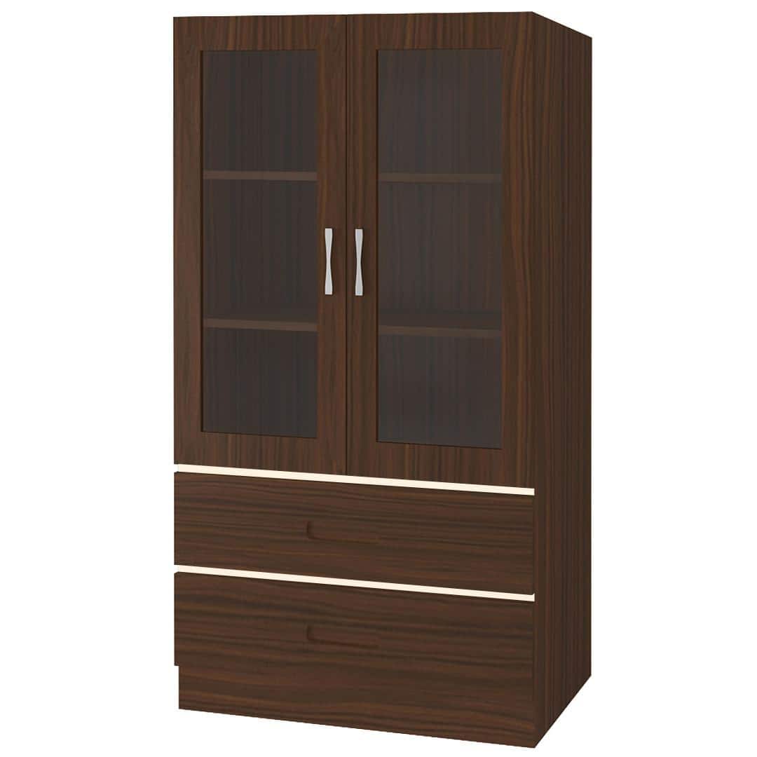 Paloma Large Crockery cum Bookshelf Cabinet with Toughened Glass Shutters and Drawers in Coffee Walnut Light Wood Colour