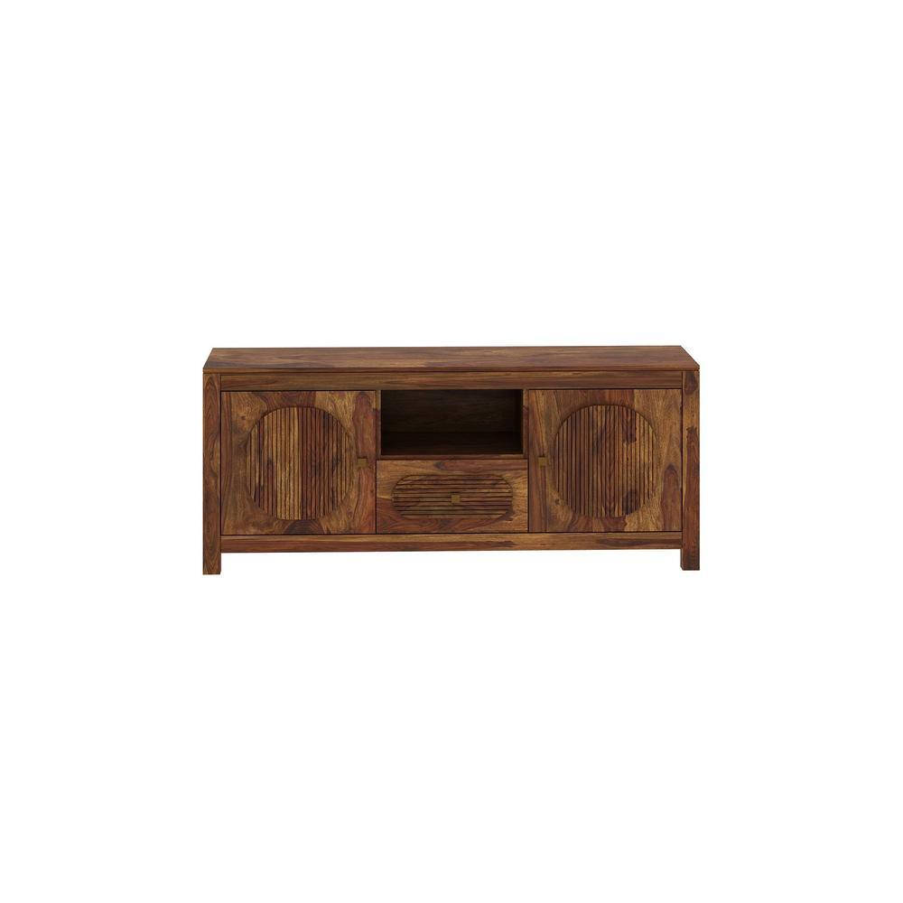 Woodwhiz Solid Wood Free Standing TV Unit in Teak Finish