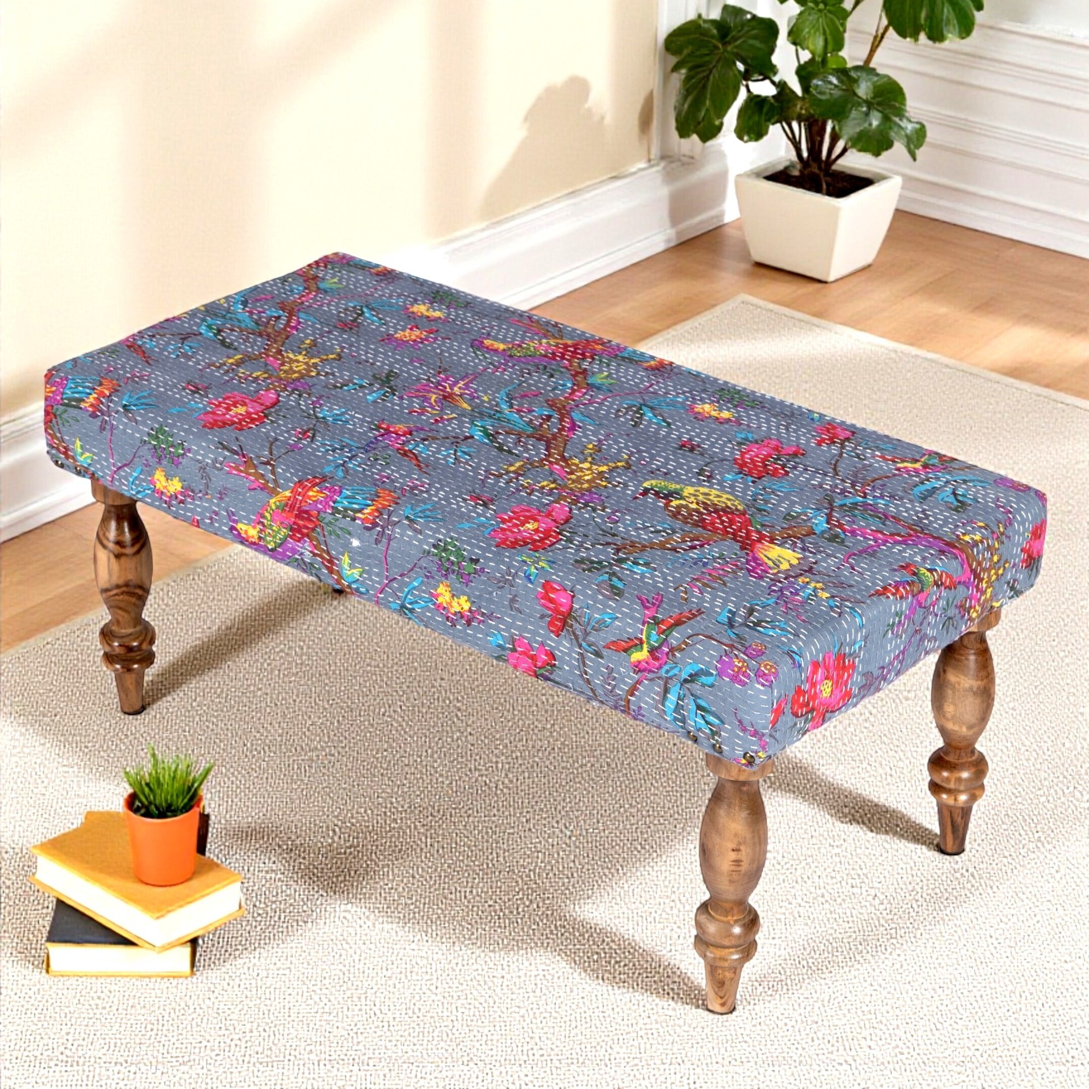 Bestone Solid Wood Bench In Bird Print Grey Kantha Fabric