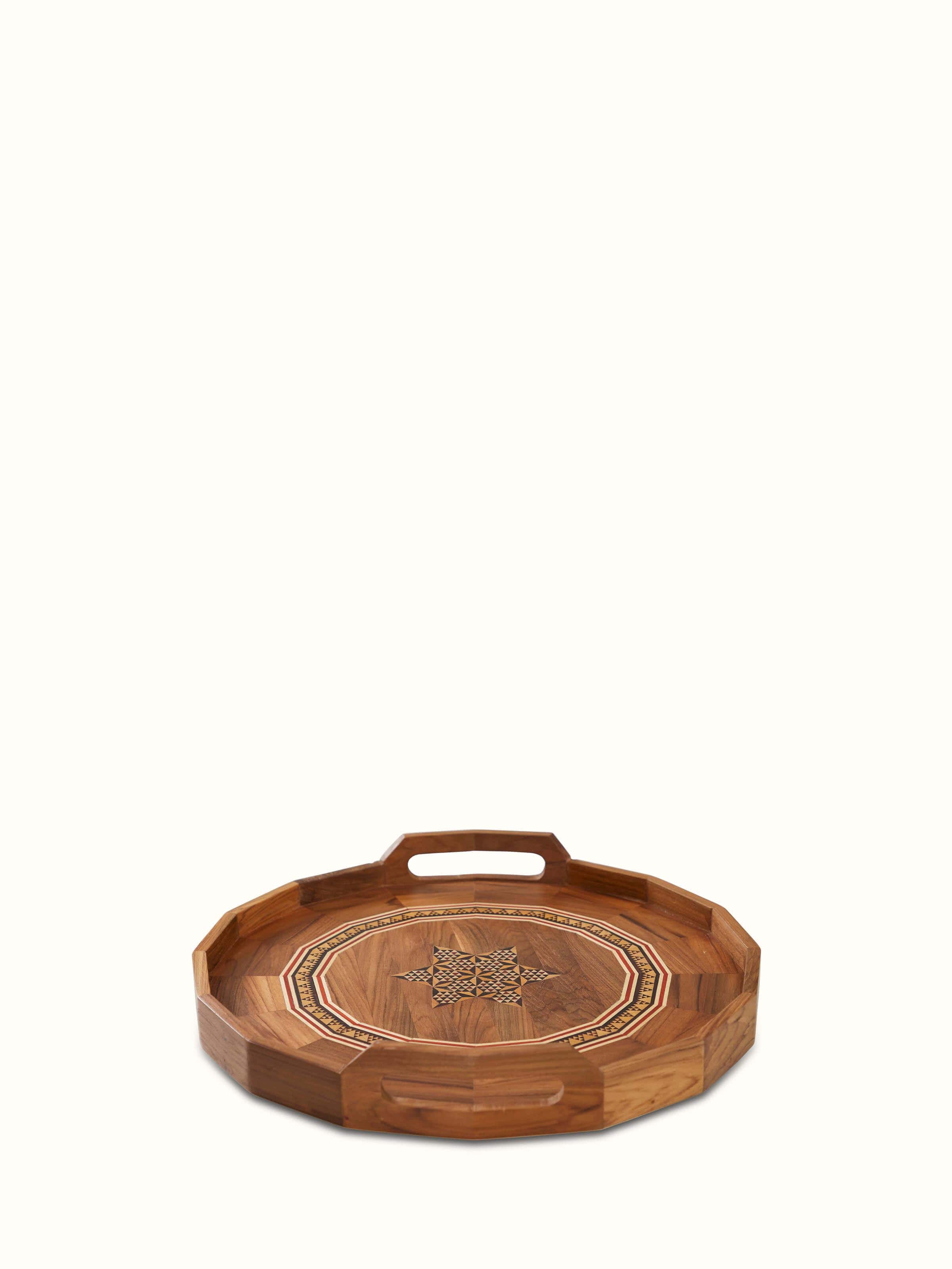 Front view of Marquetry wood & MDF serving tray (12 x 12 inches) featuring elegant inlaid designs and smooth finish
