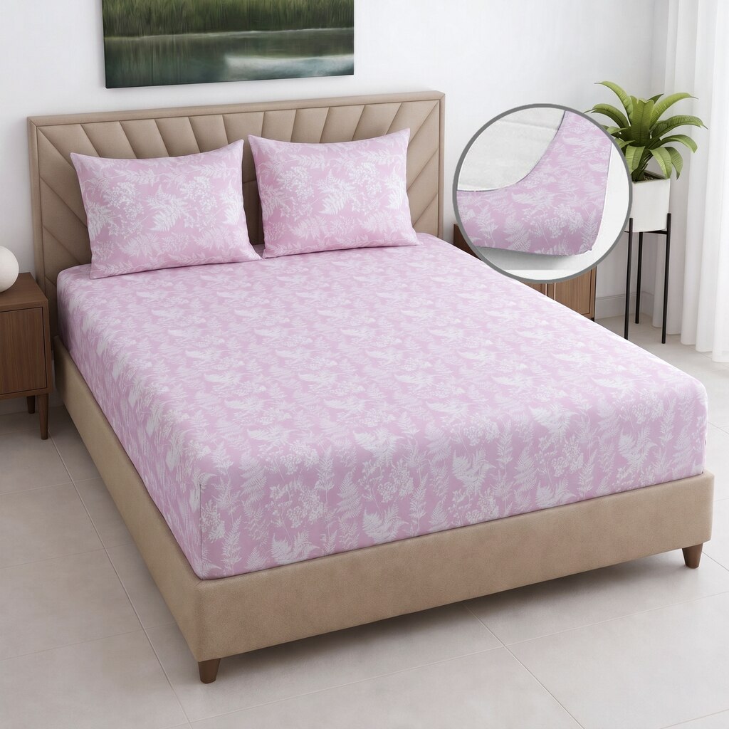 Pink Floral 400 Tc  Cotton Fitted  Double Queen Size Bedsheet With 2  Pilllow Covers - Threads