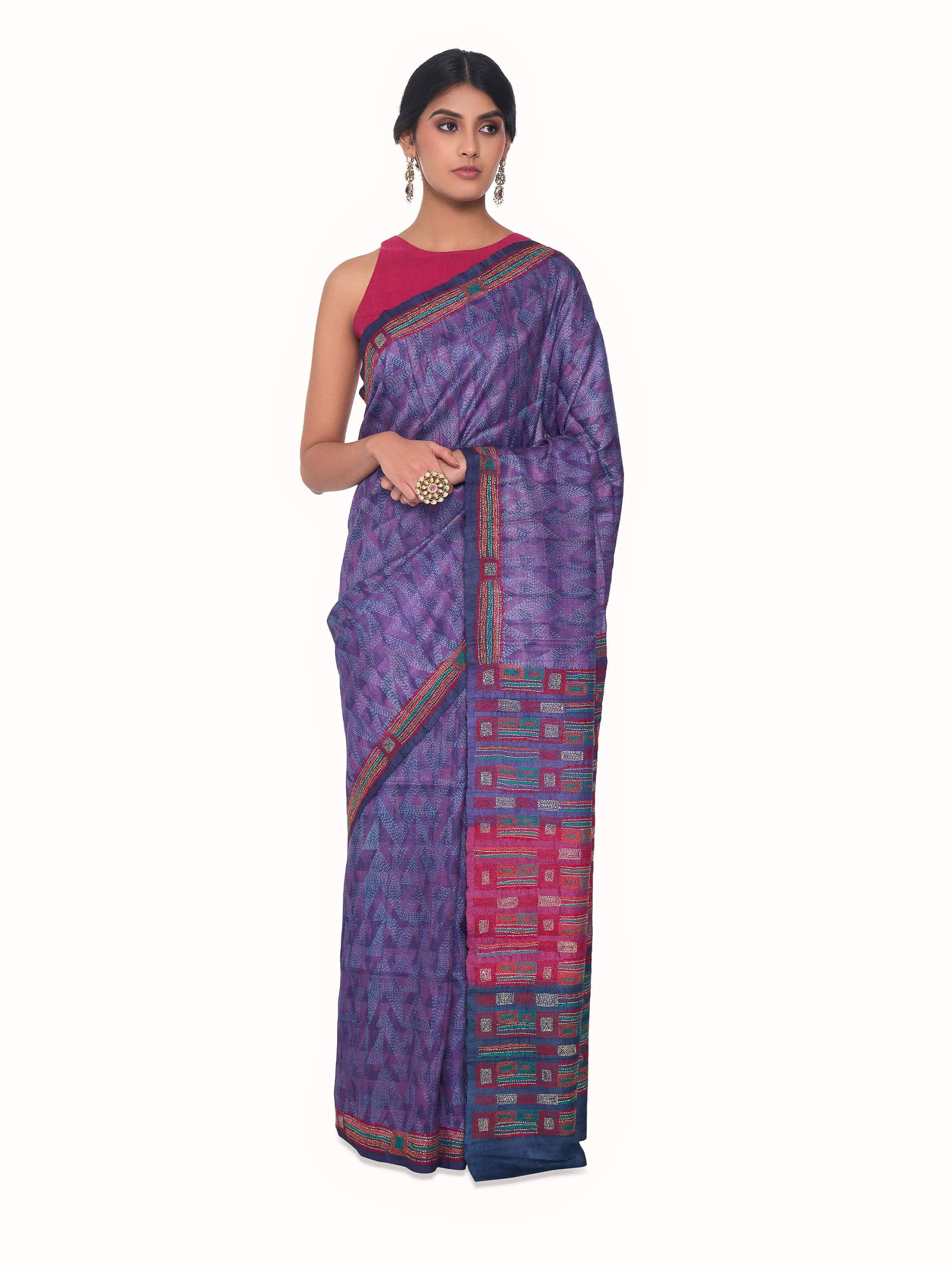 Purple Tussar Silk Discharge Block Printed Kantha Embroidered Saree