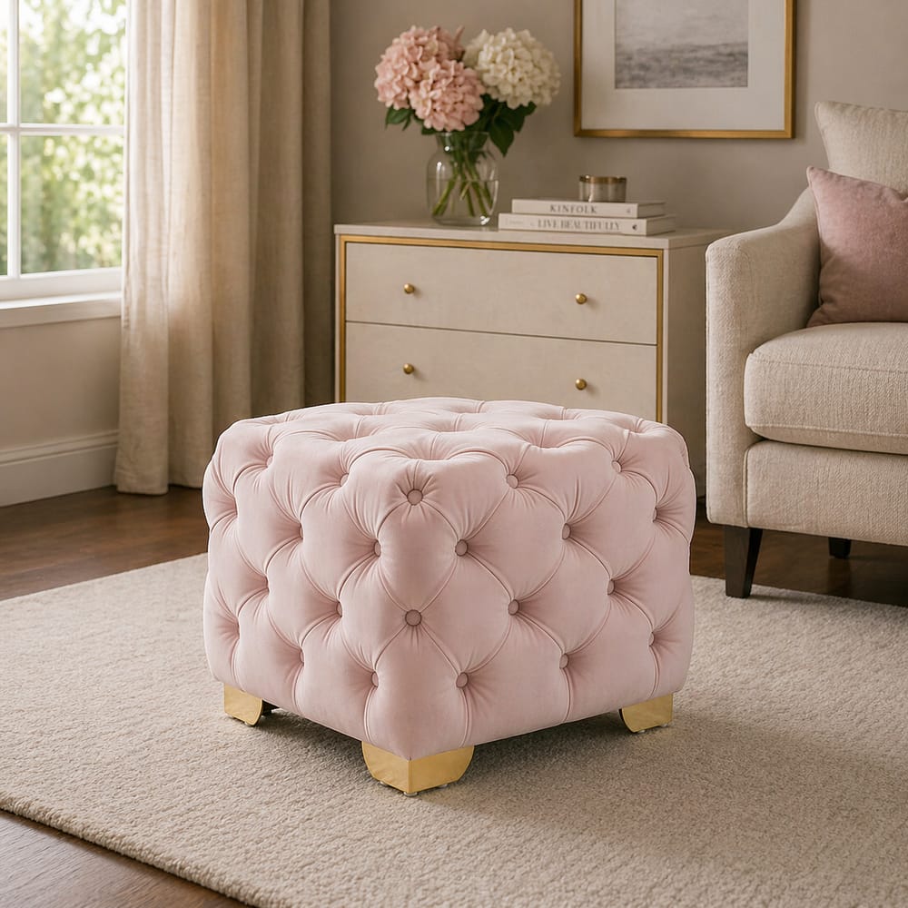 Doe Buck Damira Upholstered Velvet Tufted Ottoman in Pink Colour with Gold Base - Doe Buck
