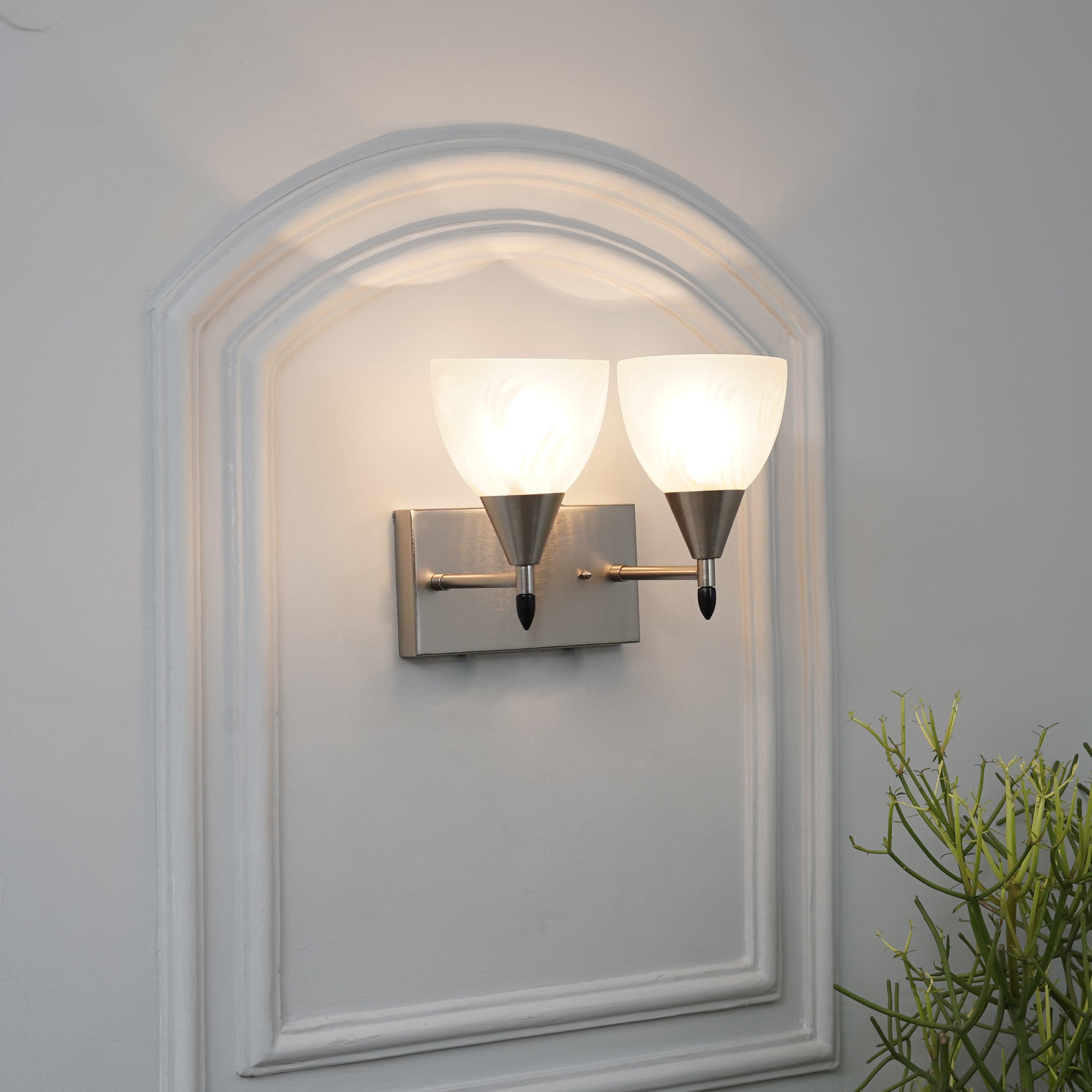 Minimal 2 Light Nickel Wall Light with Frosted White Glass