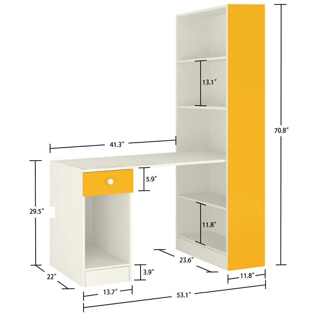 Austin Study Desk with Drawer and Built In Bookshelf in Mango Yellow Colour