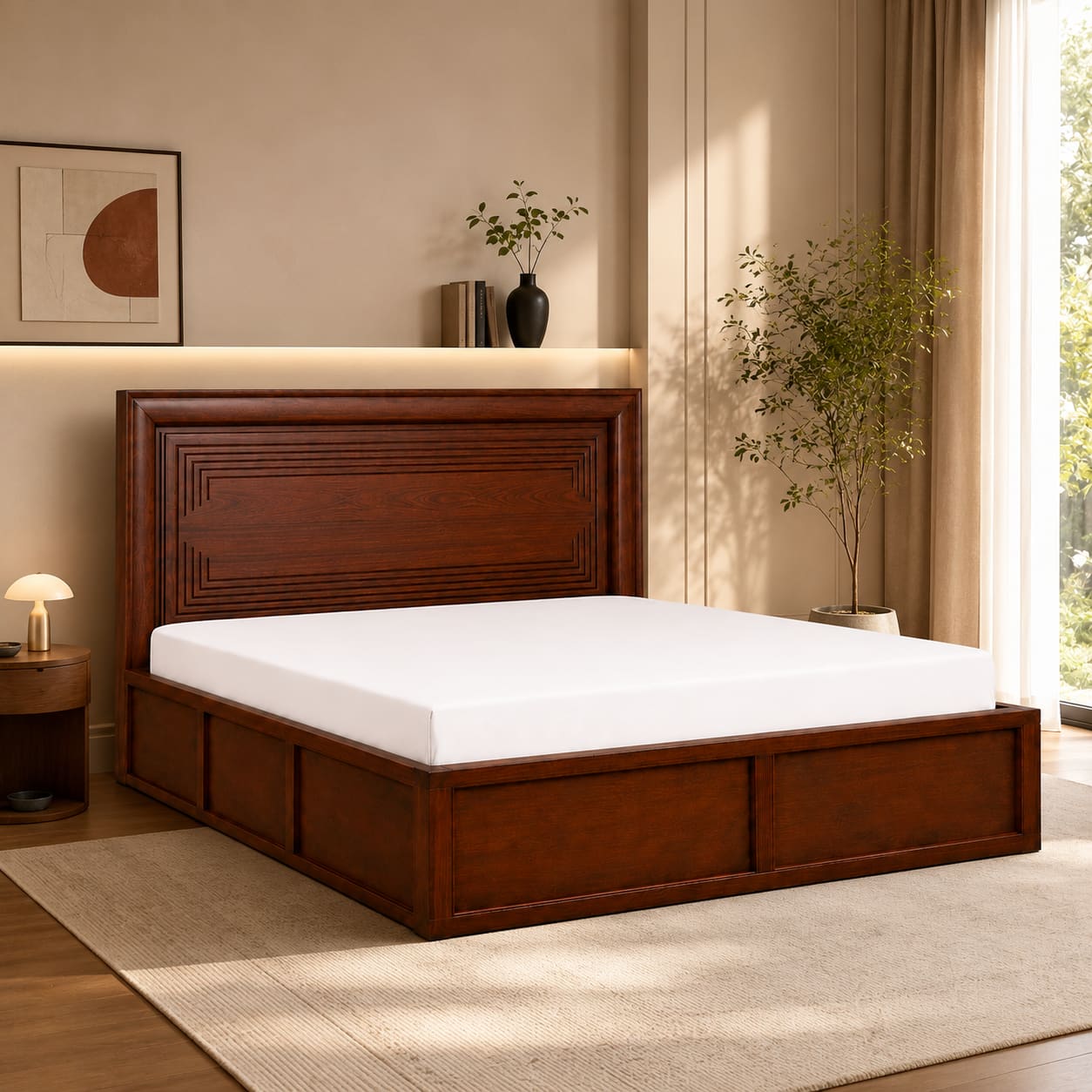 Sahaj Solid Wood Comfort Queen Bed Hydraulic Storage Provincial Teak Finish Mattress 60 x 78 Inches