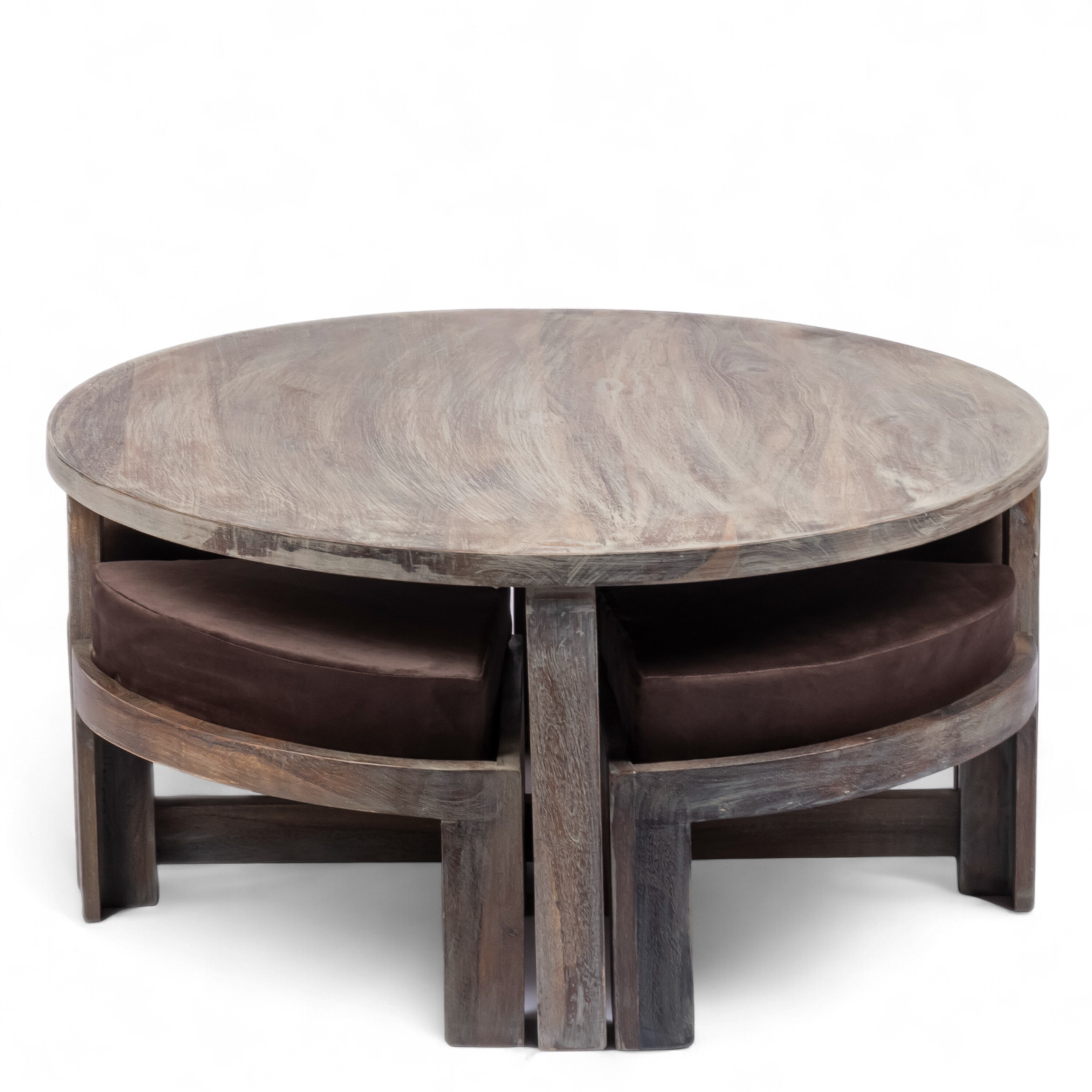 Nashville Sheesham Wood 4 Seater Coffee Table Set In Antique Grey Finish Grey Velvet Cushion