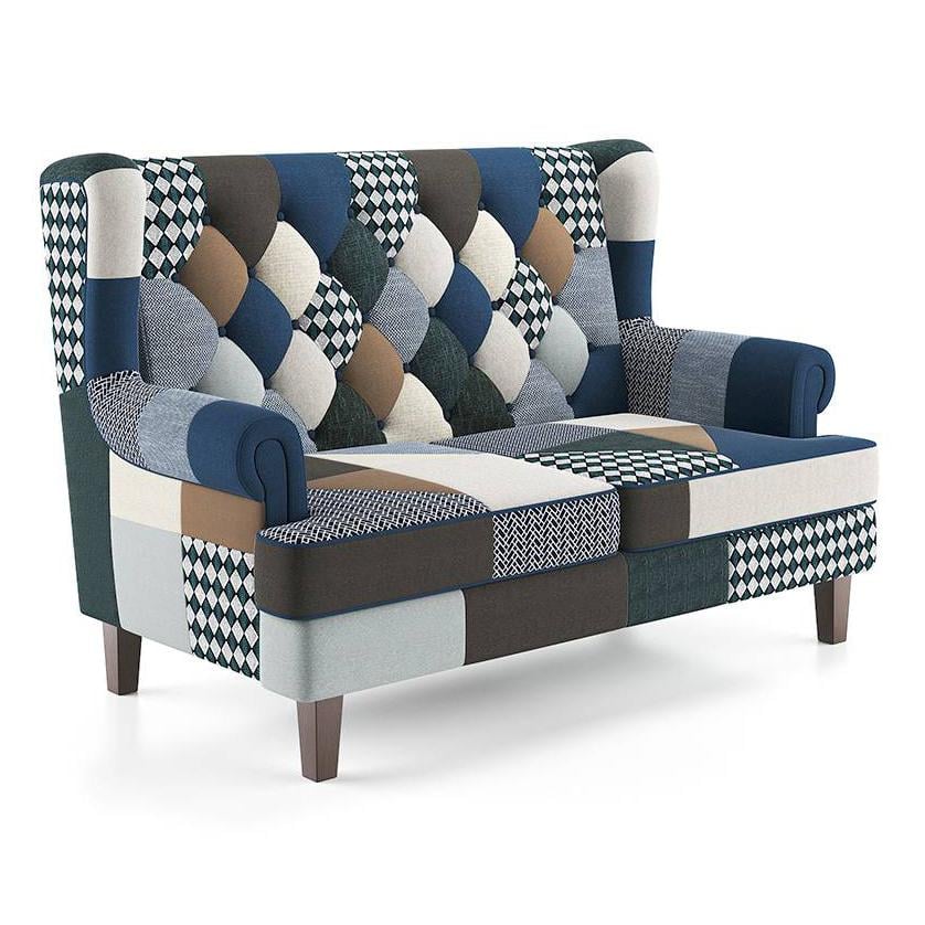 Minnelli 2 Seater Fabric Loveseat In Indigo Patch Work Colour