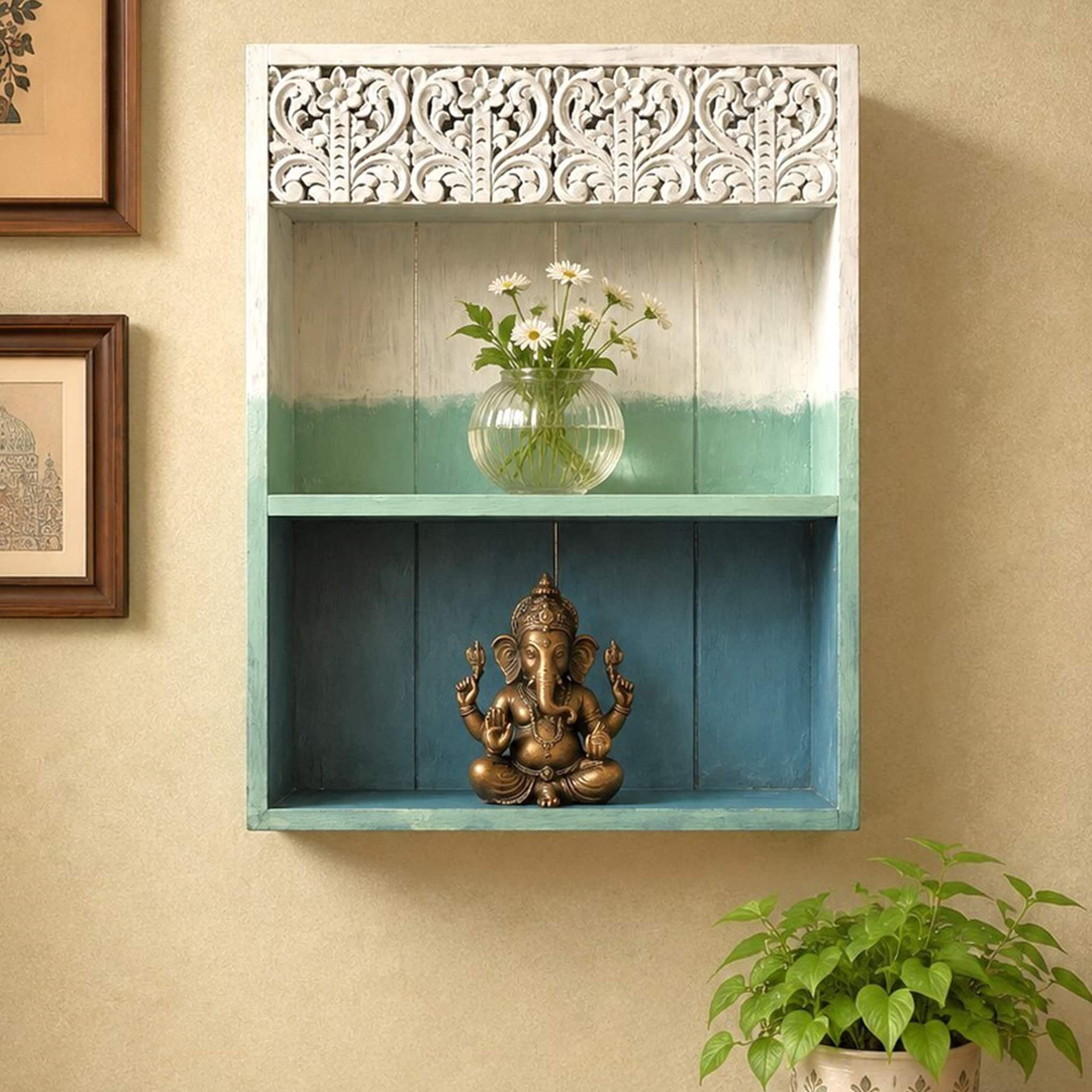 Dual Colour Solid Wood Handcarved Rack Style Floating Wall Shelf With 2 Compartment by DisooFashions - Disoo Fashions