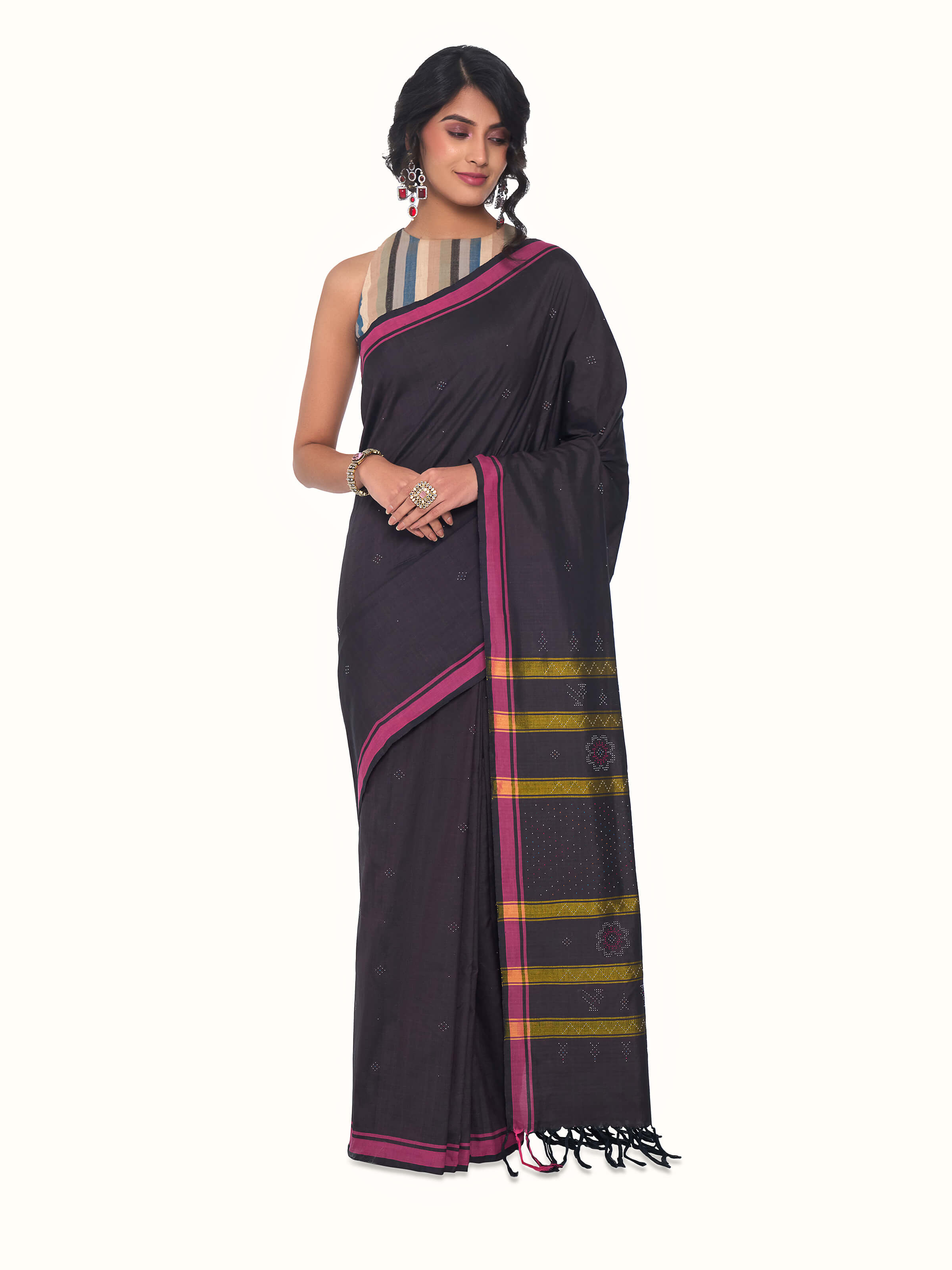 Brown Cotton Silk Tangalia Saree