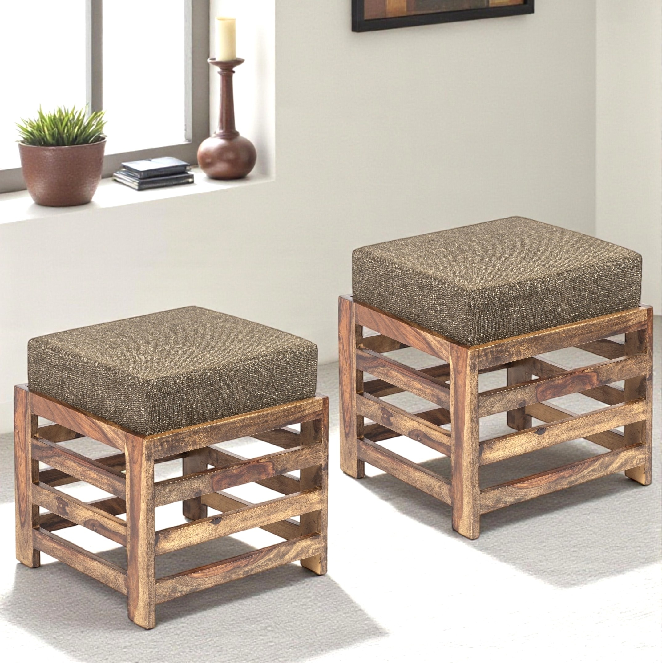 Houston Sheesham Wood Contemporary Set of 2 Stools in Jute Brown, Teak Finish