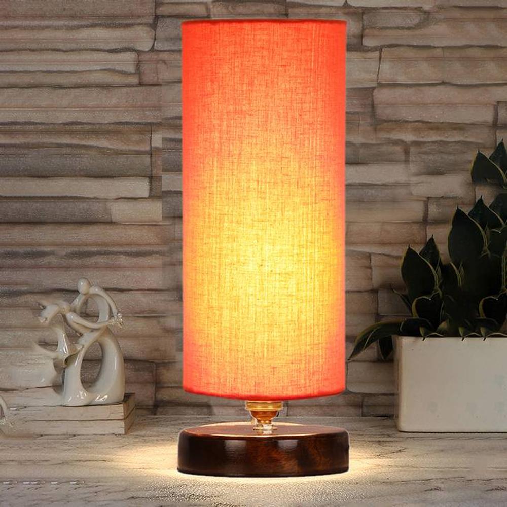 Sheena Orange cotton table lamp with brown wood base - Devansh