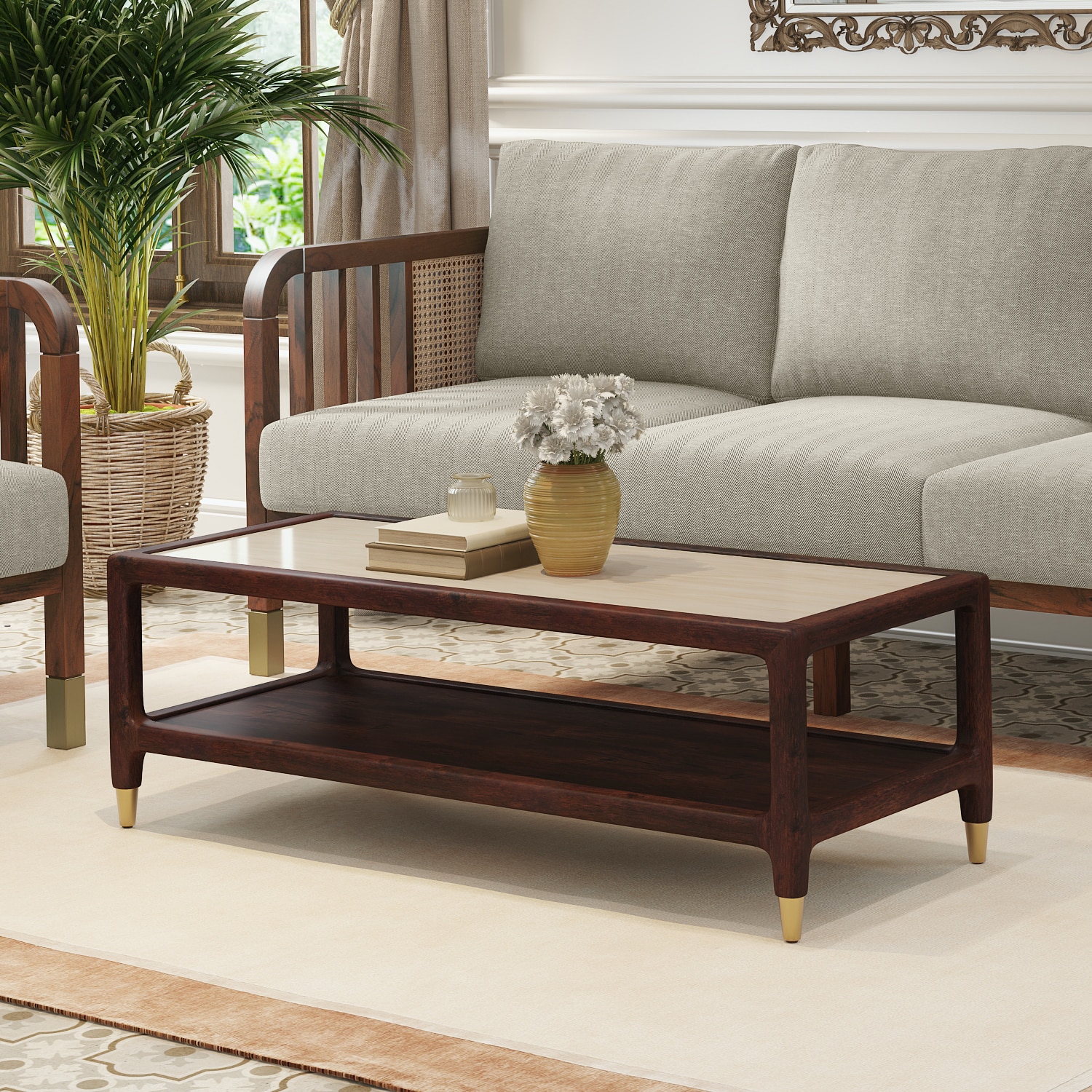 Sera Rectangular Solid Wood And Marble Coffee Table In Mango Walnut Finish