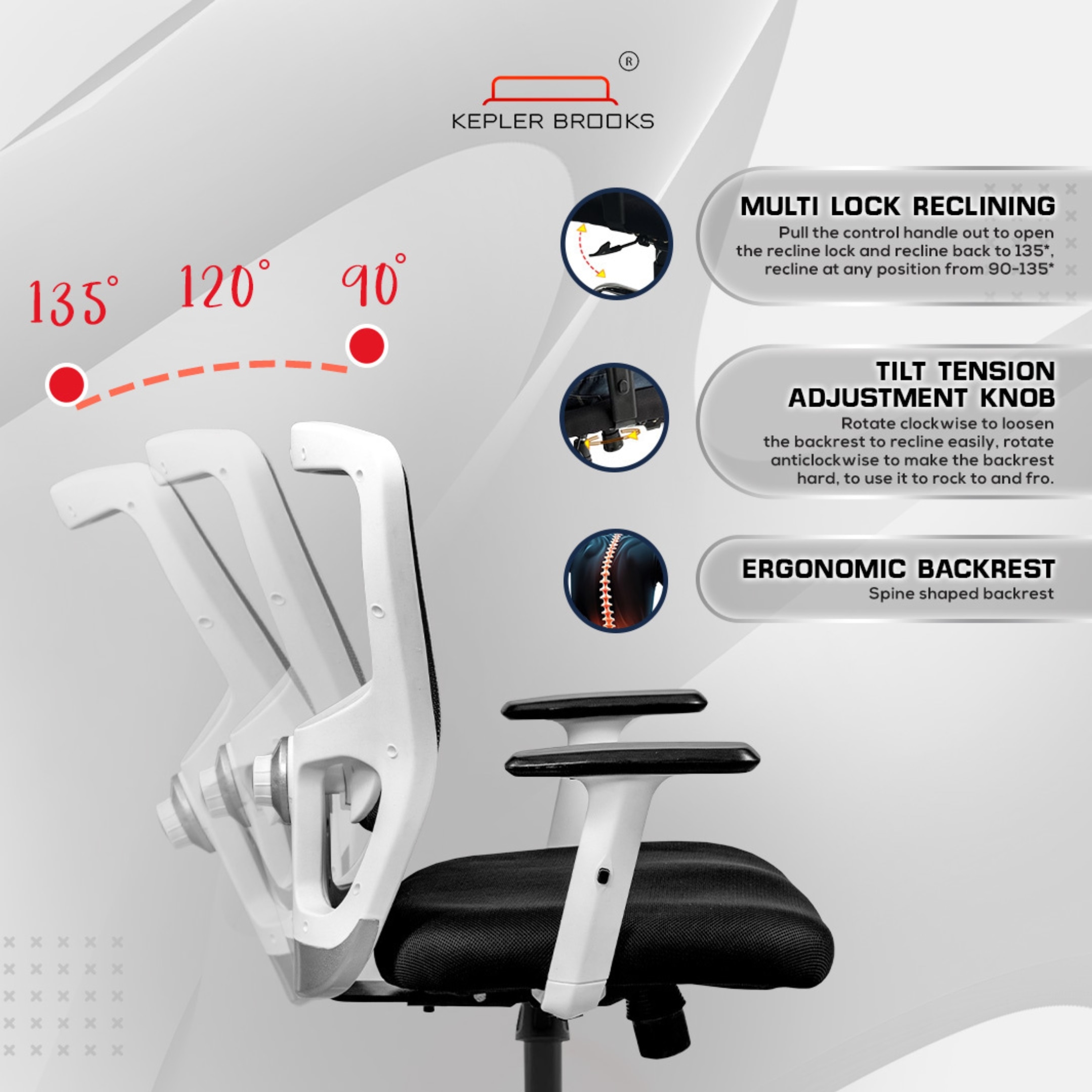 Kepler Brooks Mid Back Office Chair | 2 Years Warranty | Chair for Office Work at Home, Ergonomic Chair, Diwali Gifts, 2D Adjustable Arms, Headrest & Lumbar Support, Multi Synchro Lock (Zeus, White)