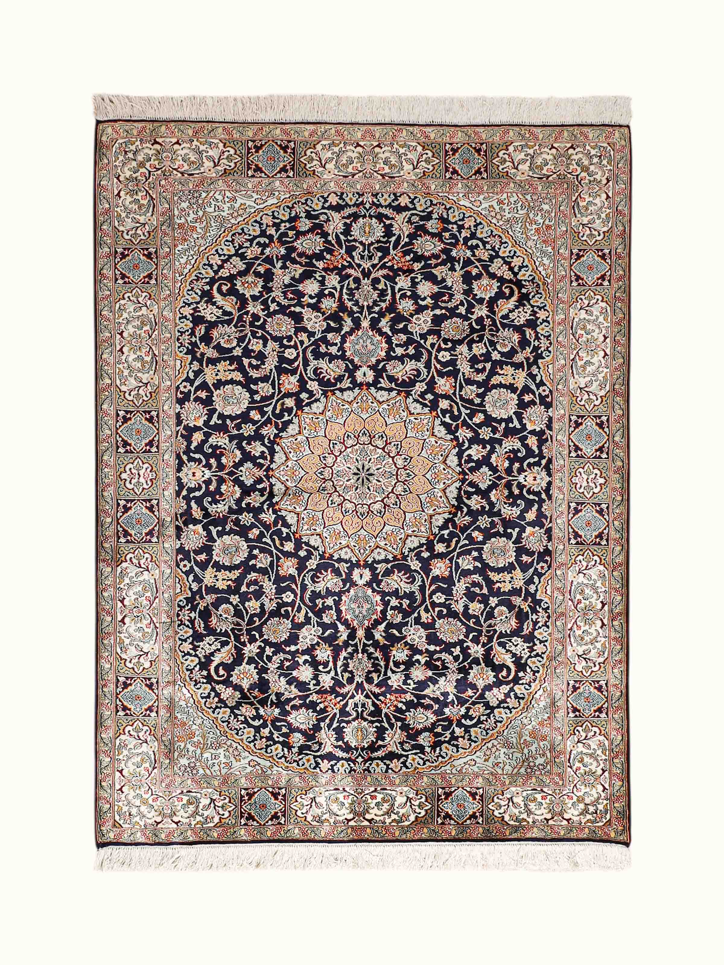 Traditional Persian Navy Ivory Nain Kashmir Silk Hand-Knotted Carpet