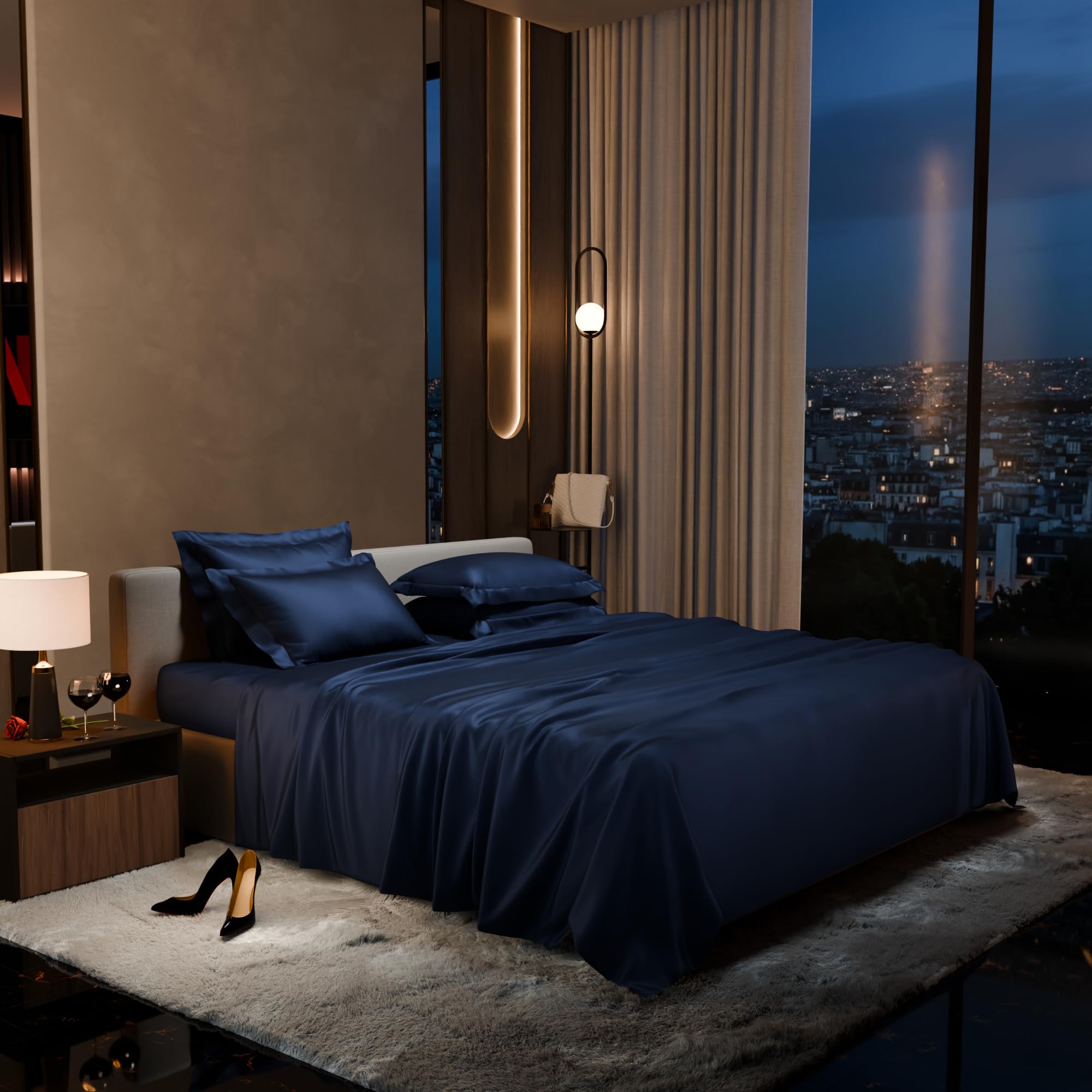 Stoa Paris 300 Tc Satin Bedsheet Super King Size Bed with Pillow Covers in Mystique Blue - Stoa Paris