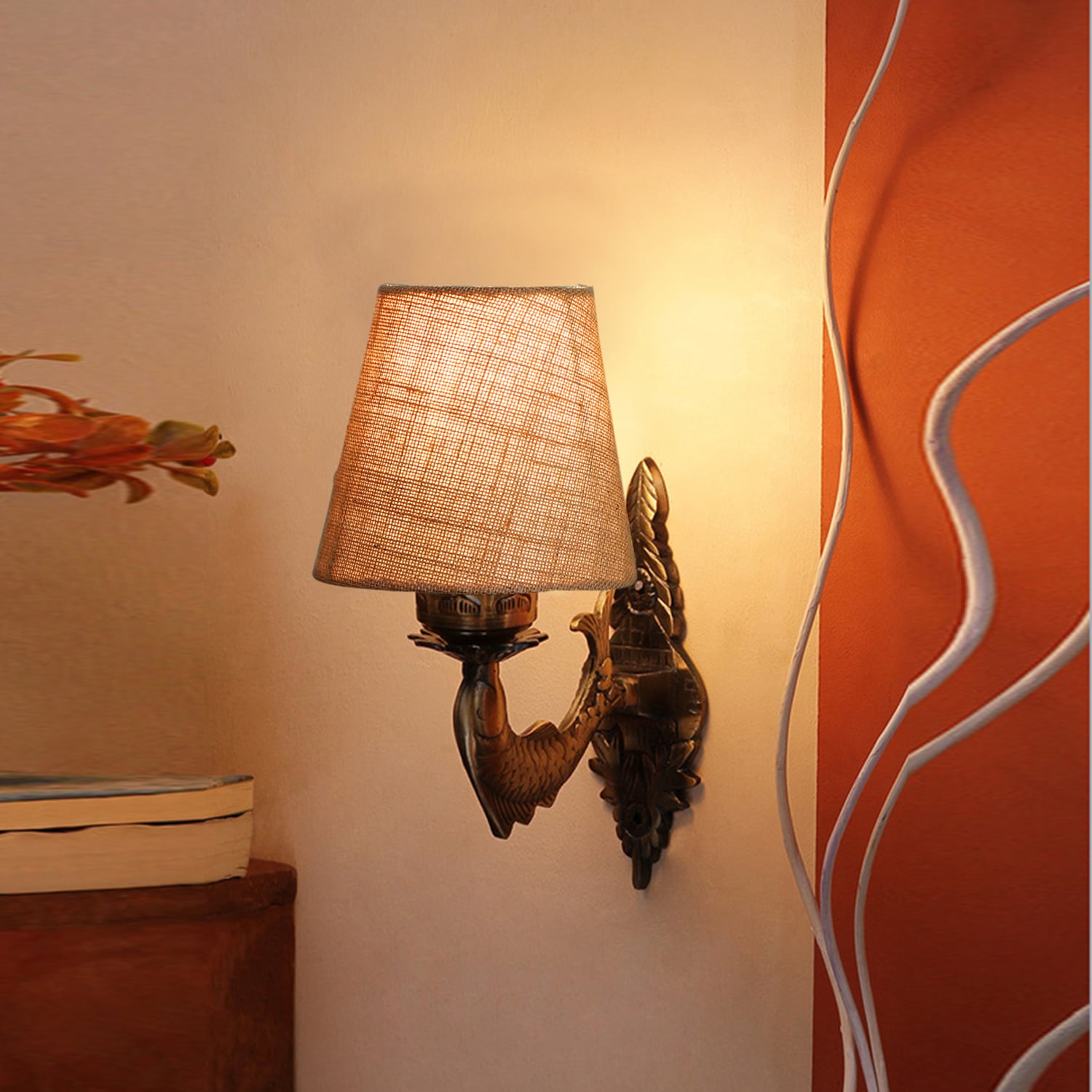 Devansh Metal Electric Wall Light in Antique Gold Colour with Beige Shade Count of 1 Light - Devansh