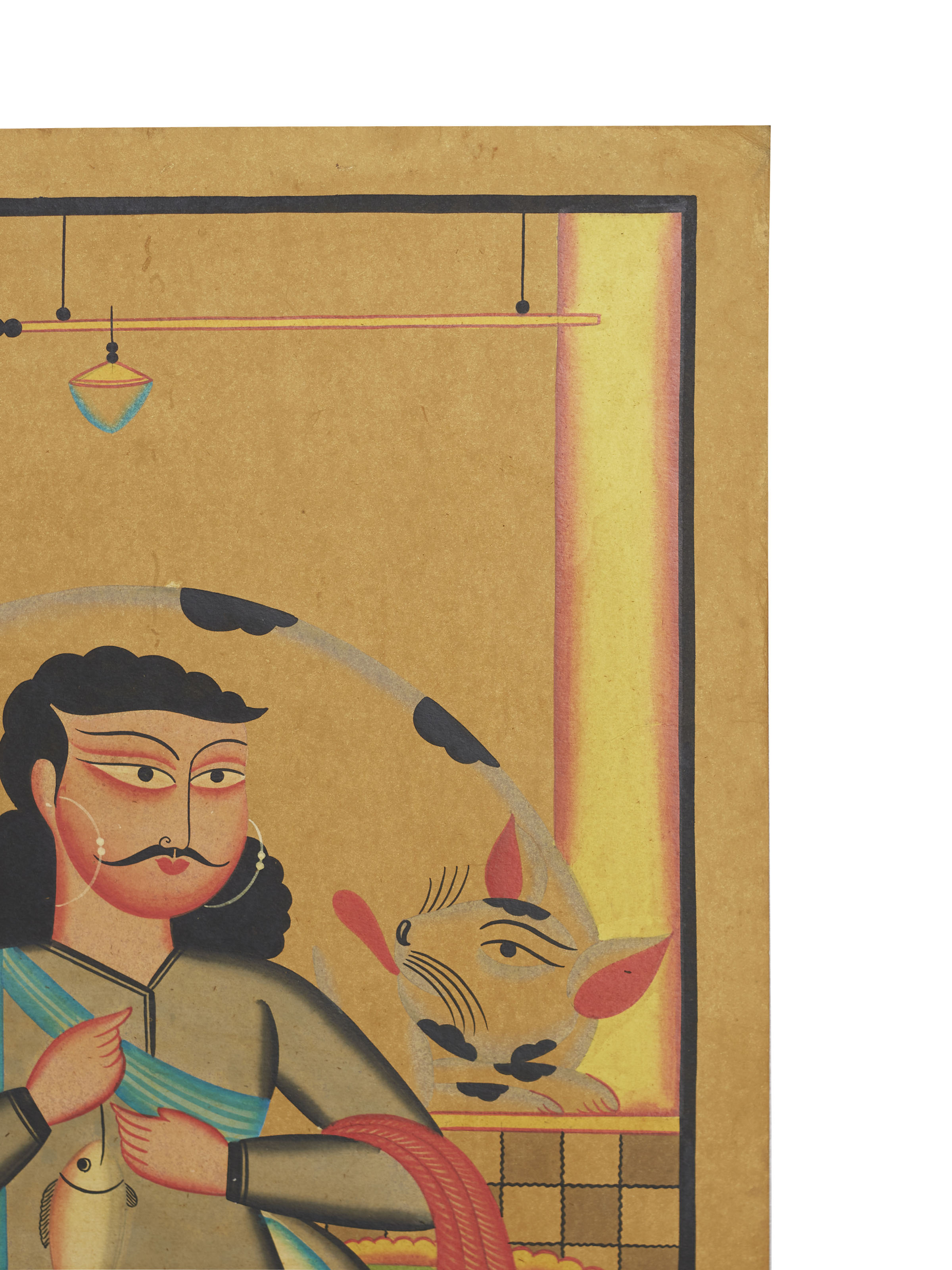 Close-up detail view of Babu Bibi Kalighat folk art painting texture