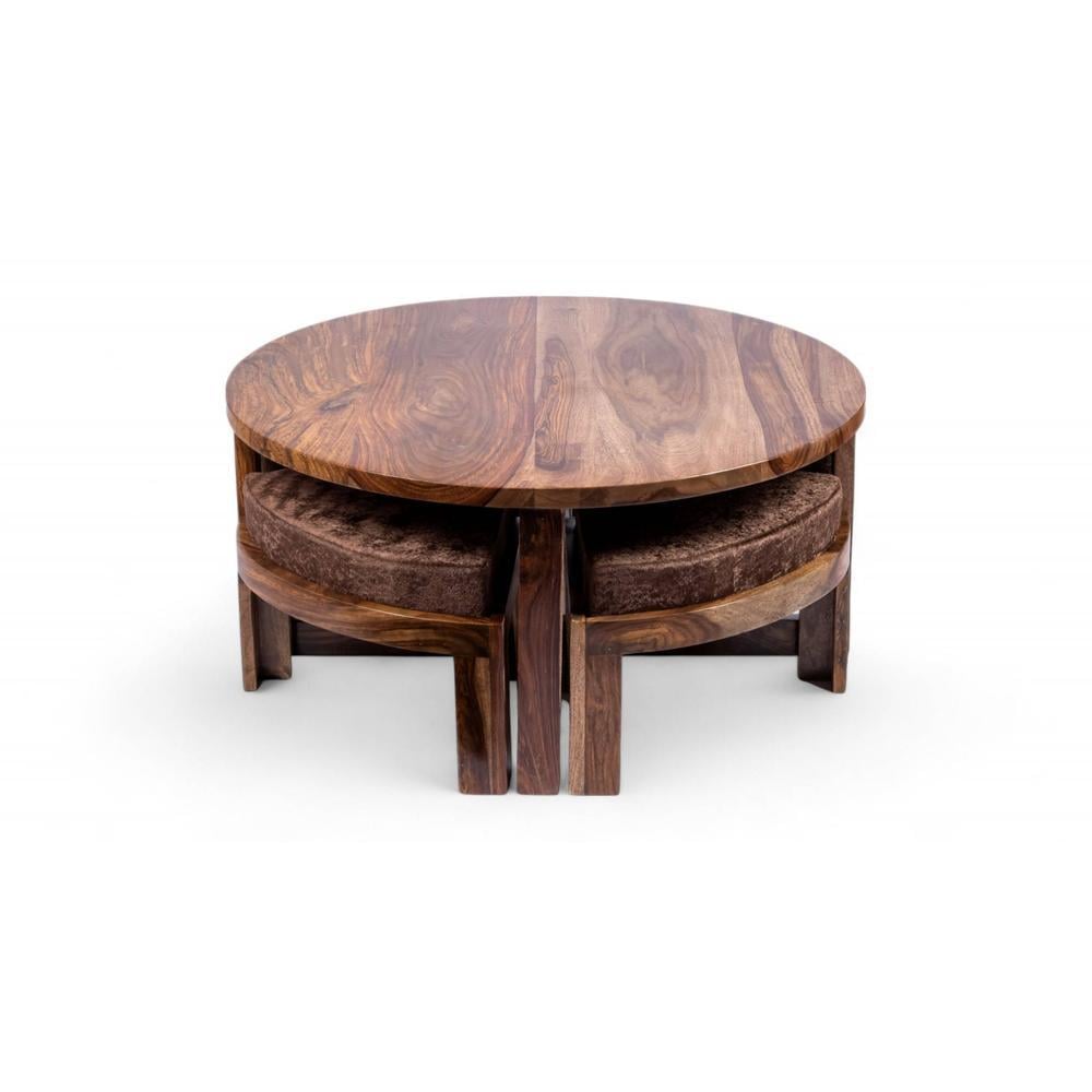 Nashville Sheesham Wood 4 Seater Coffee Table Set In Teak Finish Brown Sparkle Velvet Cushion