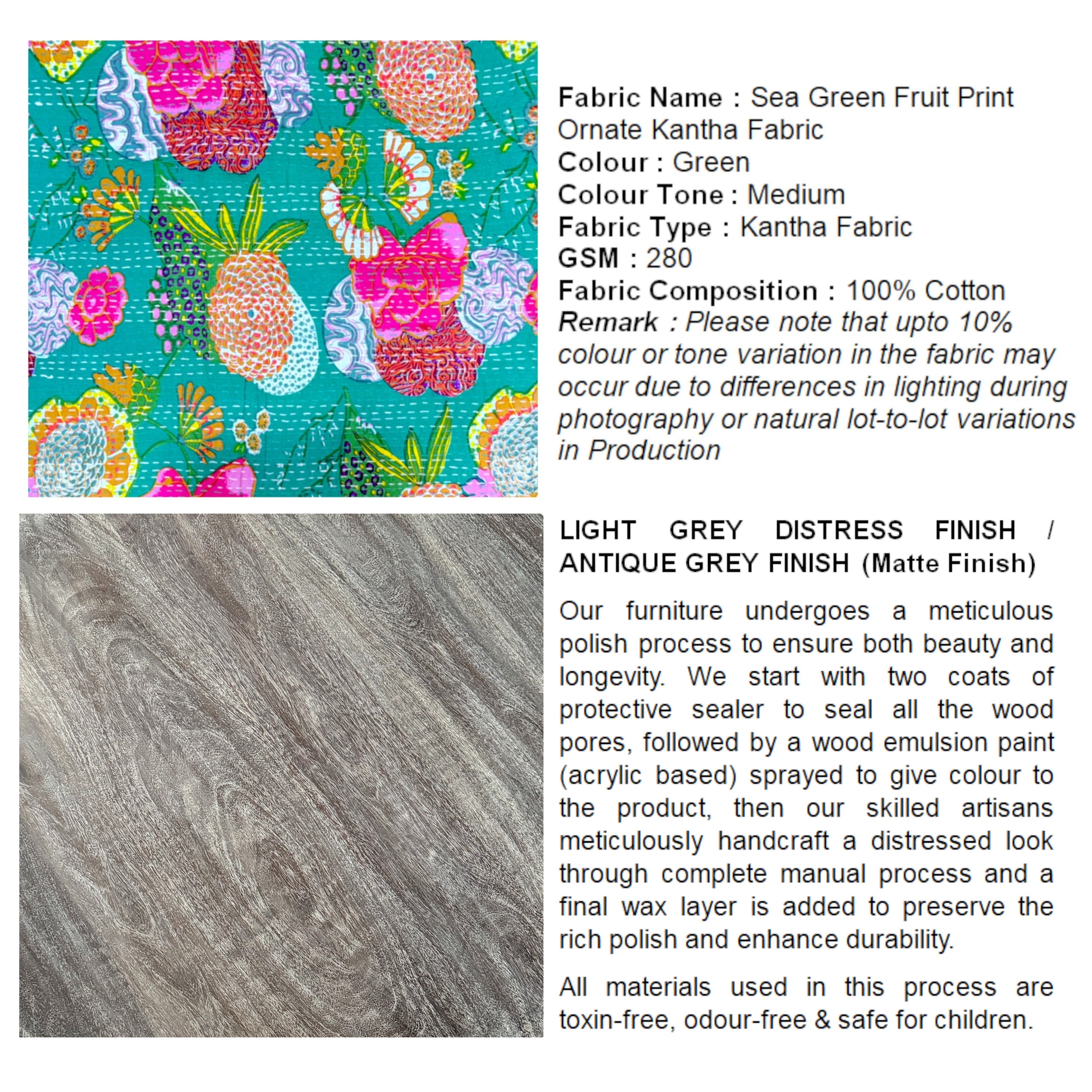 Nashville Sheesham Wood 4 Seater Coffee Table Set In Antique Grey Finish Floral Print Green Kantha Cushion