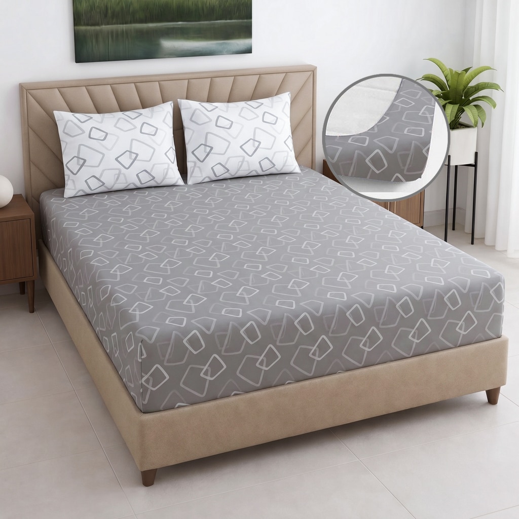 Grey And Whitegeometric Cotton 400 Tcfitted Double Queen Size Bedsheet With 2 Pillow Covers - Threads