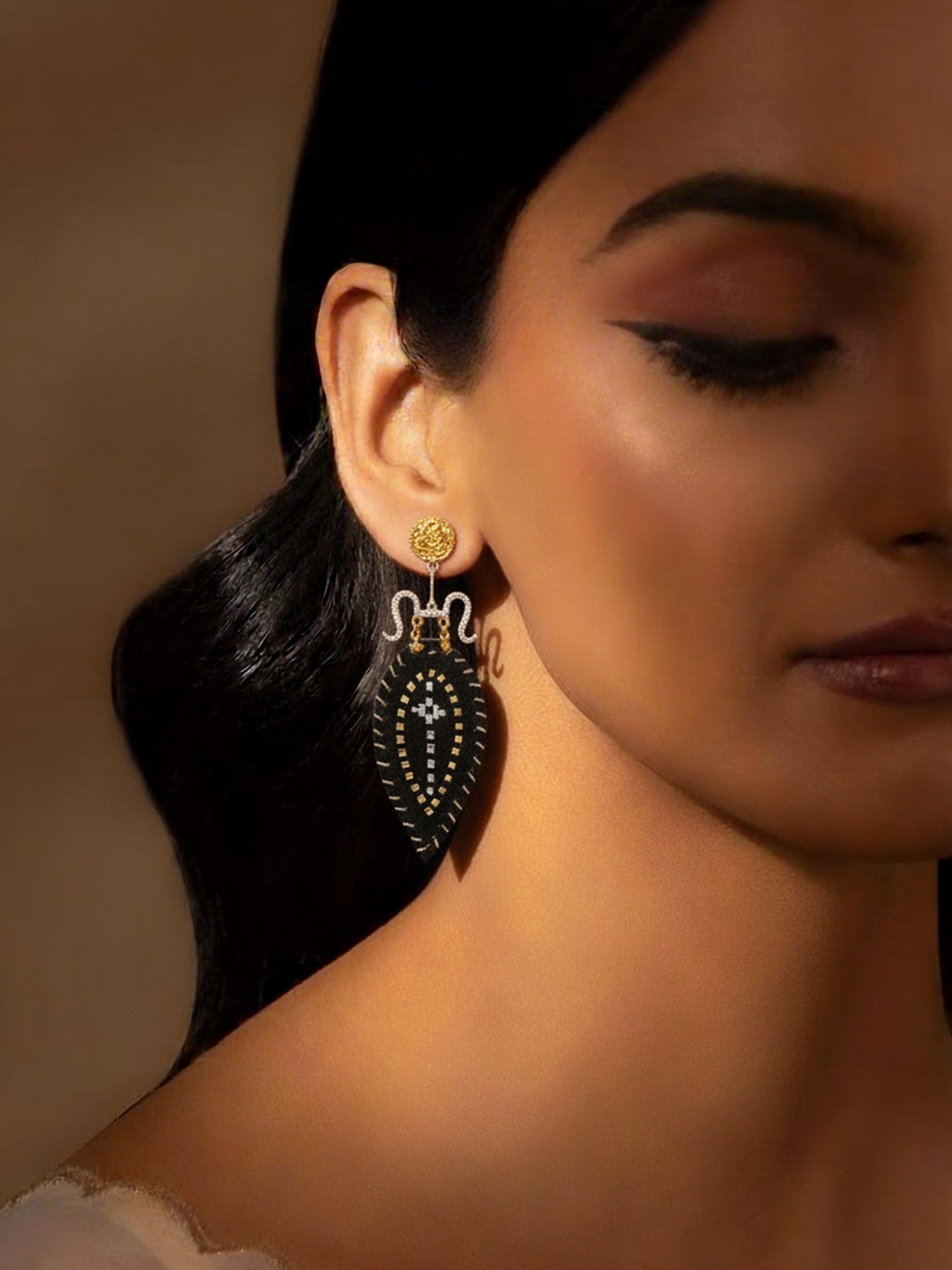 Lifestyle view of Kutch Leather Silver Drop Earrings — Swadesh