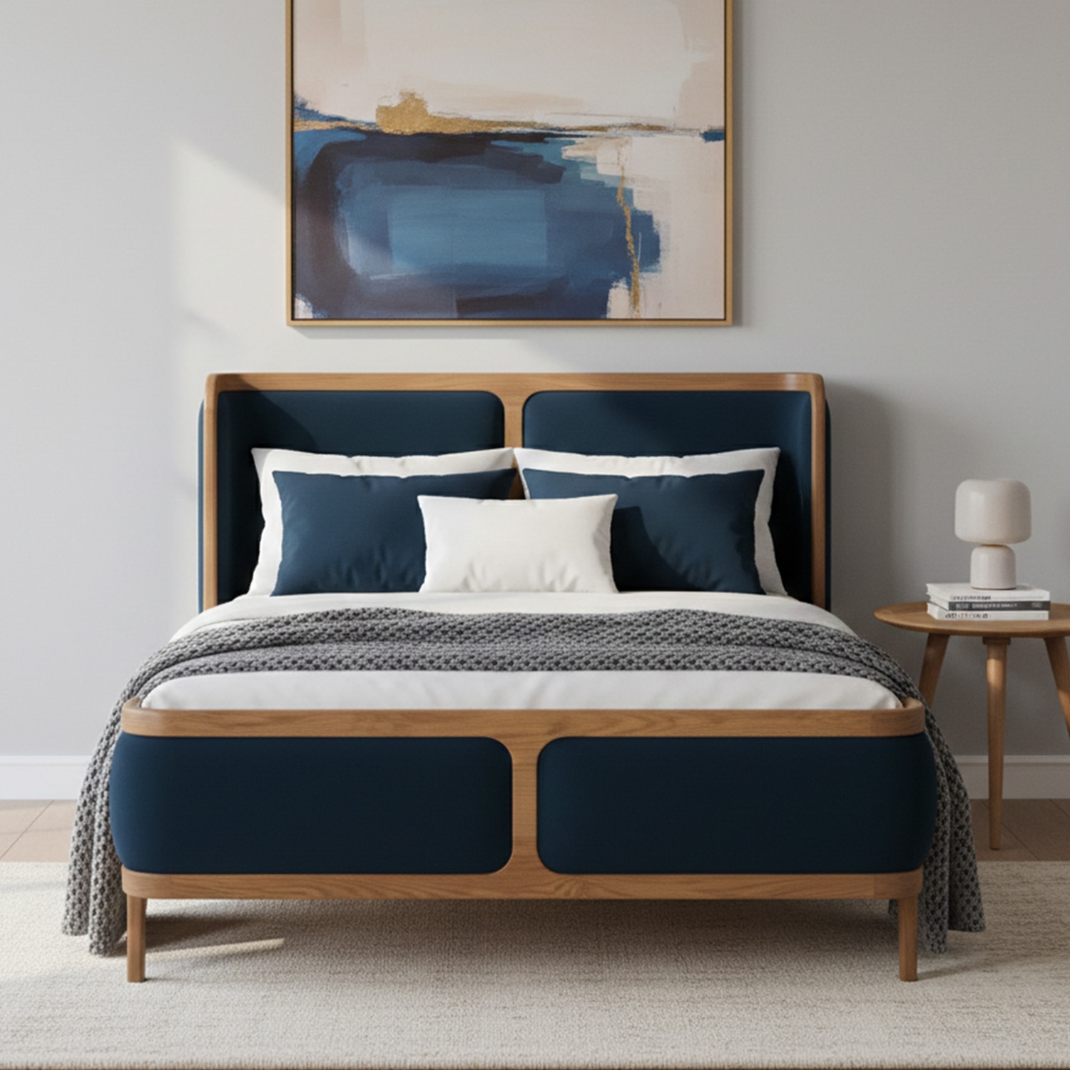 Valerio Duo-Panel Luxe King Size Bed in Navy Blue colour Velvet with Oak wood Frame - Nestroots