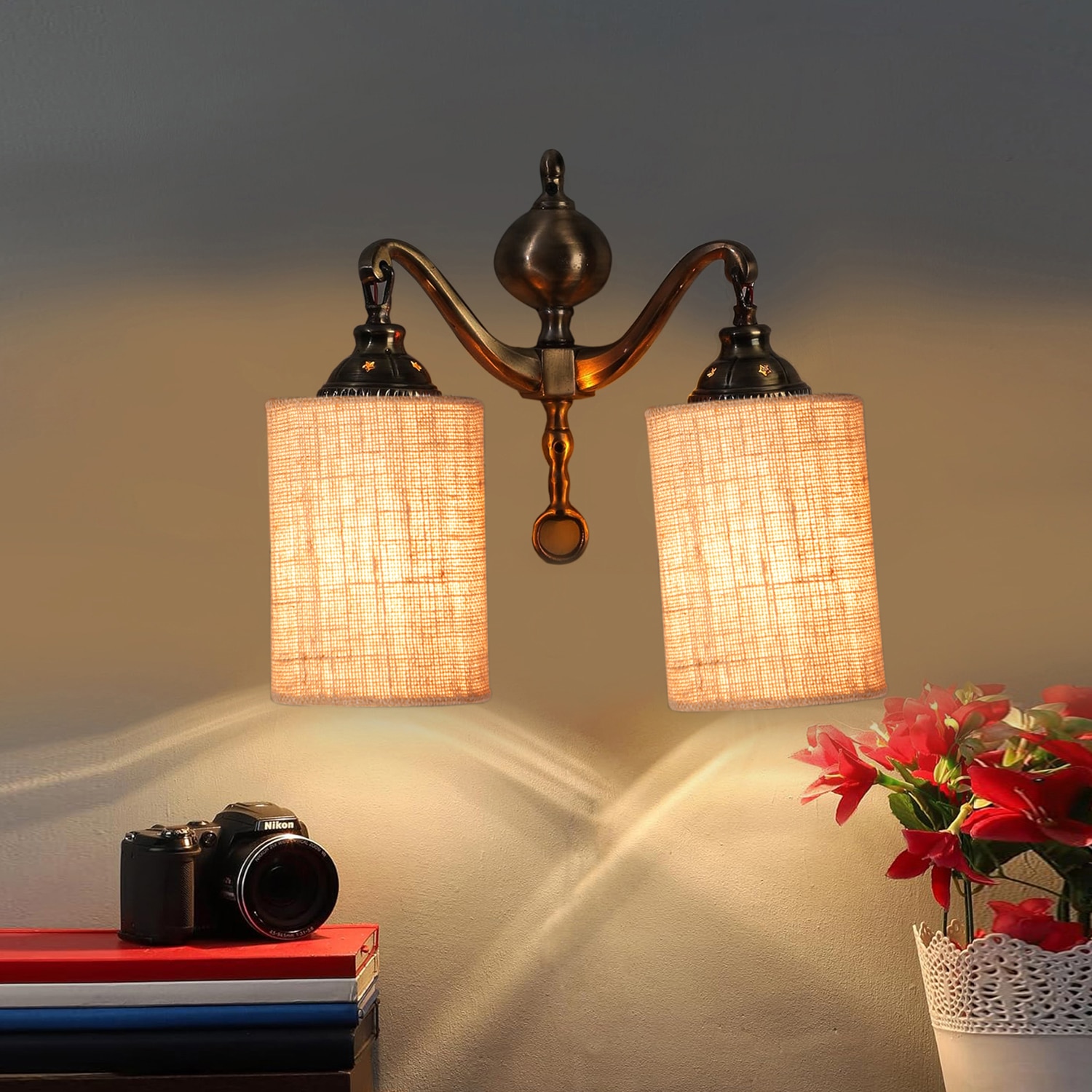 Devansh Metal Electric Wall Light in Beige Colour with Beige Shade Count of 2 Lights - Devansh