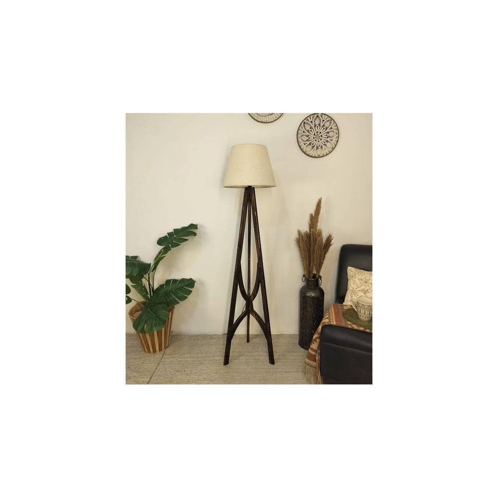 Julius Wooden Floor Lamp with Brown Base and Jute Fabric Lampshade