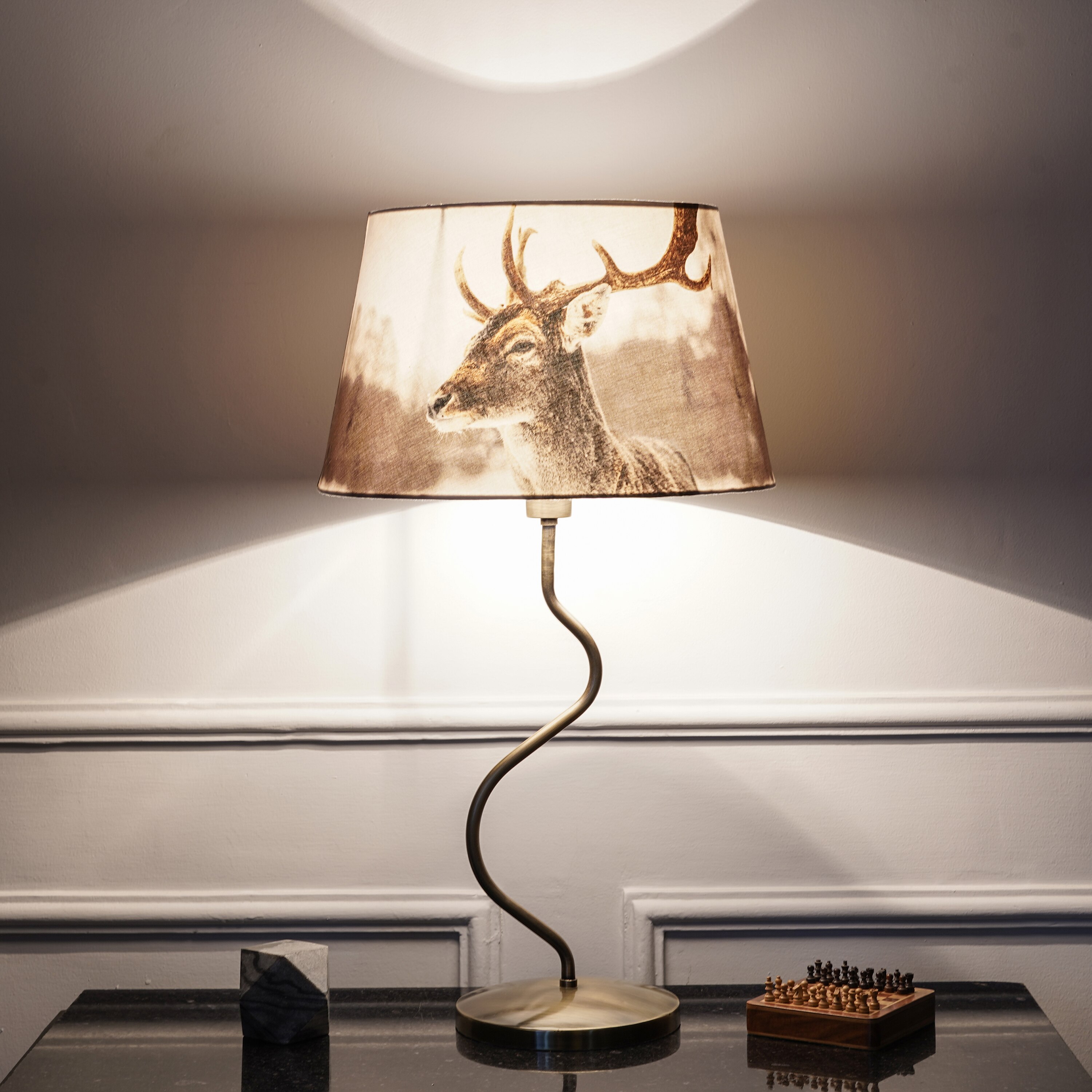 Lysandra Zigzag Table Lamp In Antique Brass Finish With Printed Cotton Shade