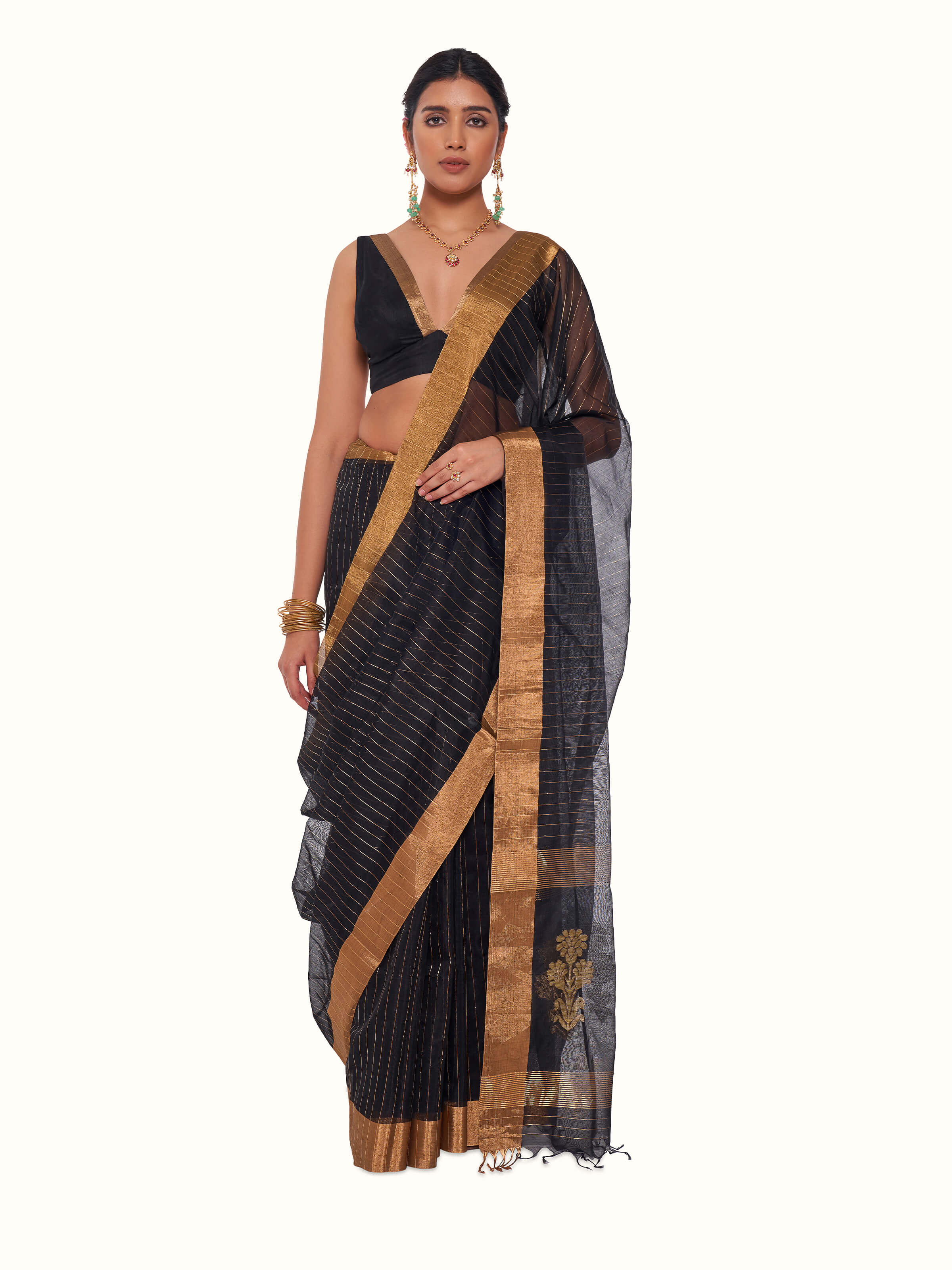 Front view of pink mulberry silk Chanderi saree with elegant woven motifs