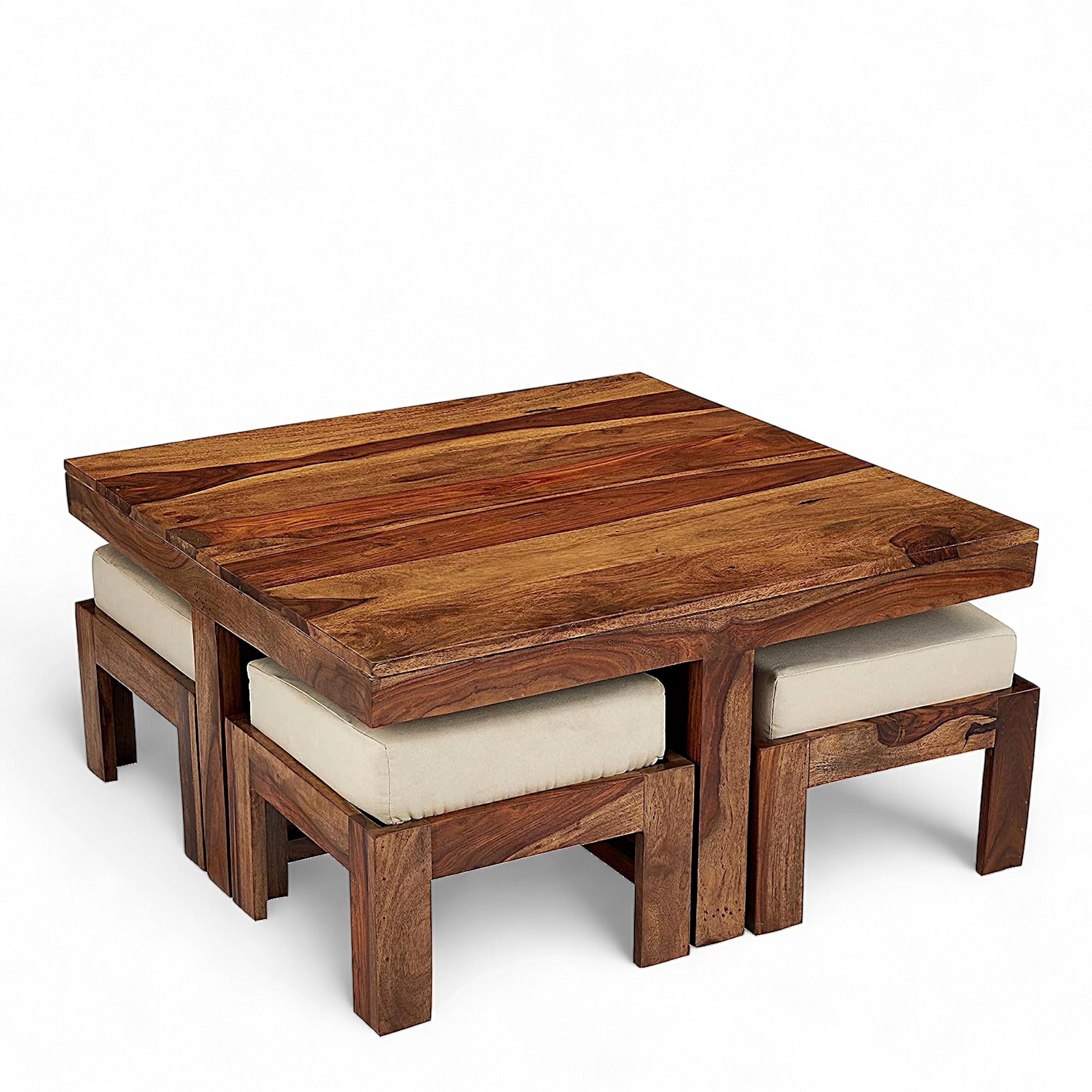 Blane Sheesham Wood Accent Coffee Table Set With 4 Stools In Natural Teak Finish