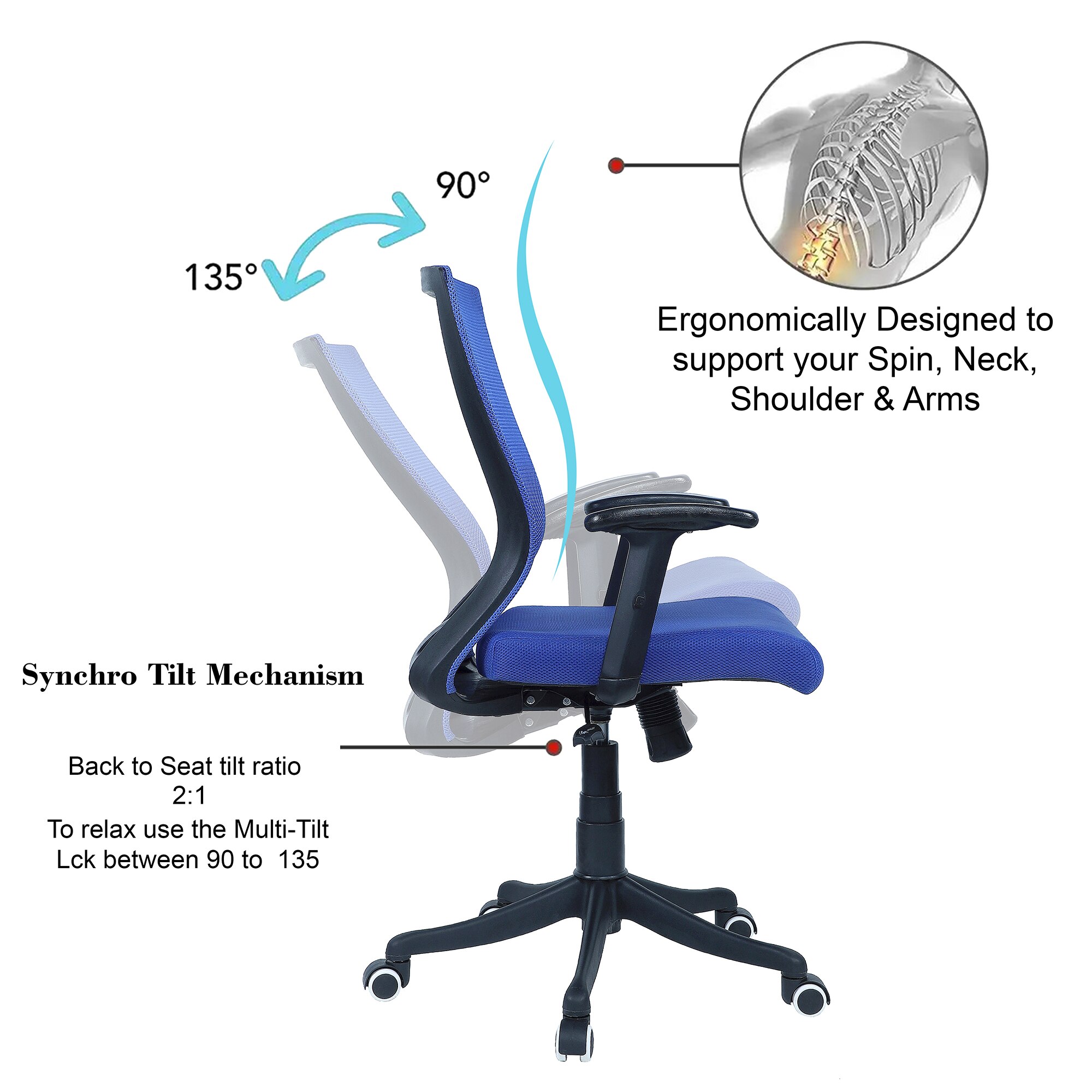 Ebeaony Mid Back Ergonomic Chair in Blue Colour