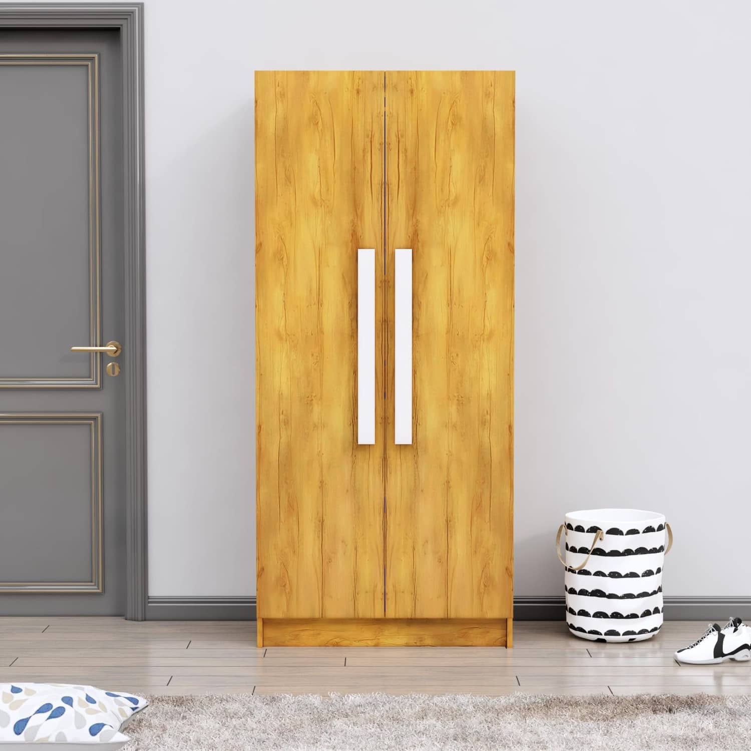 Hexa Red Wooden 2 Door Wardrobe with 4 Shelves in Giant Wood Colour - HexaRed