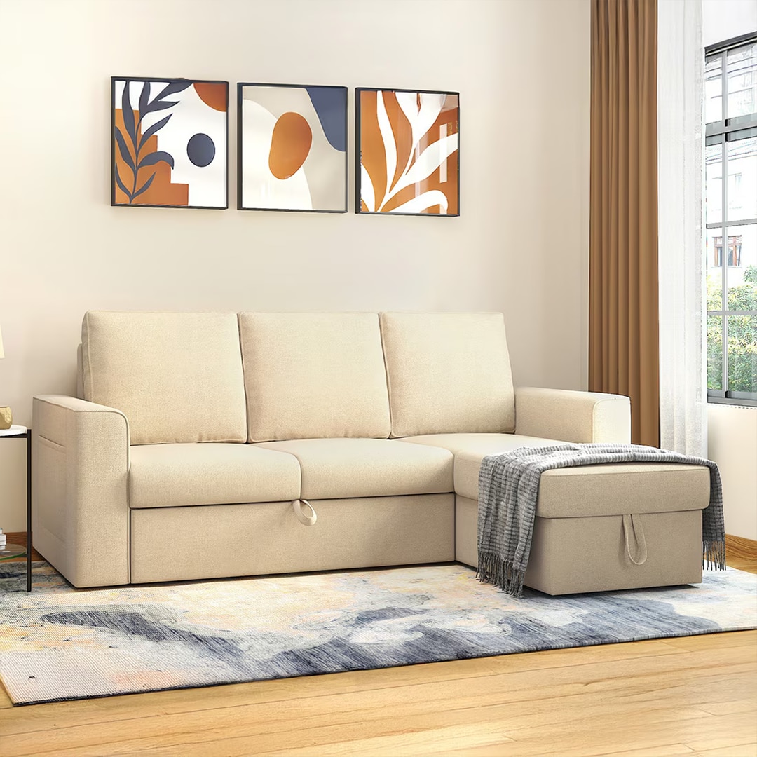 Kowloon Sectional 3 Seater Pull Out  Sofa Cum Bed with Storage in Sandshell Beige Colour