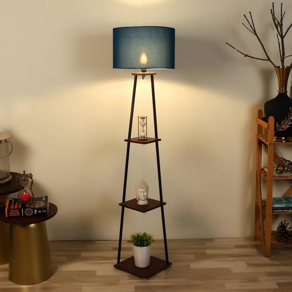 Rosemary Blue Cotton Floor Lamp with Solid Wood