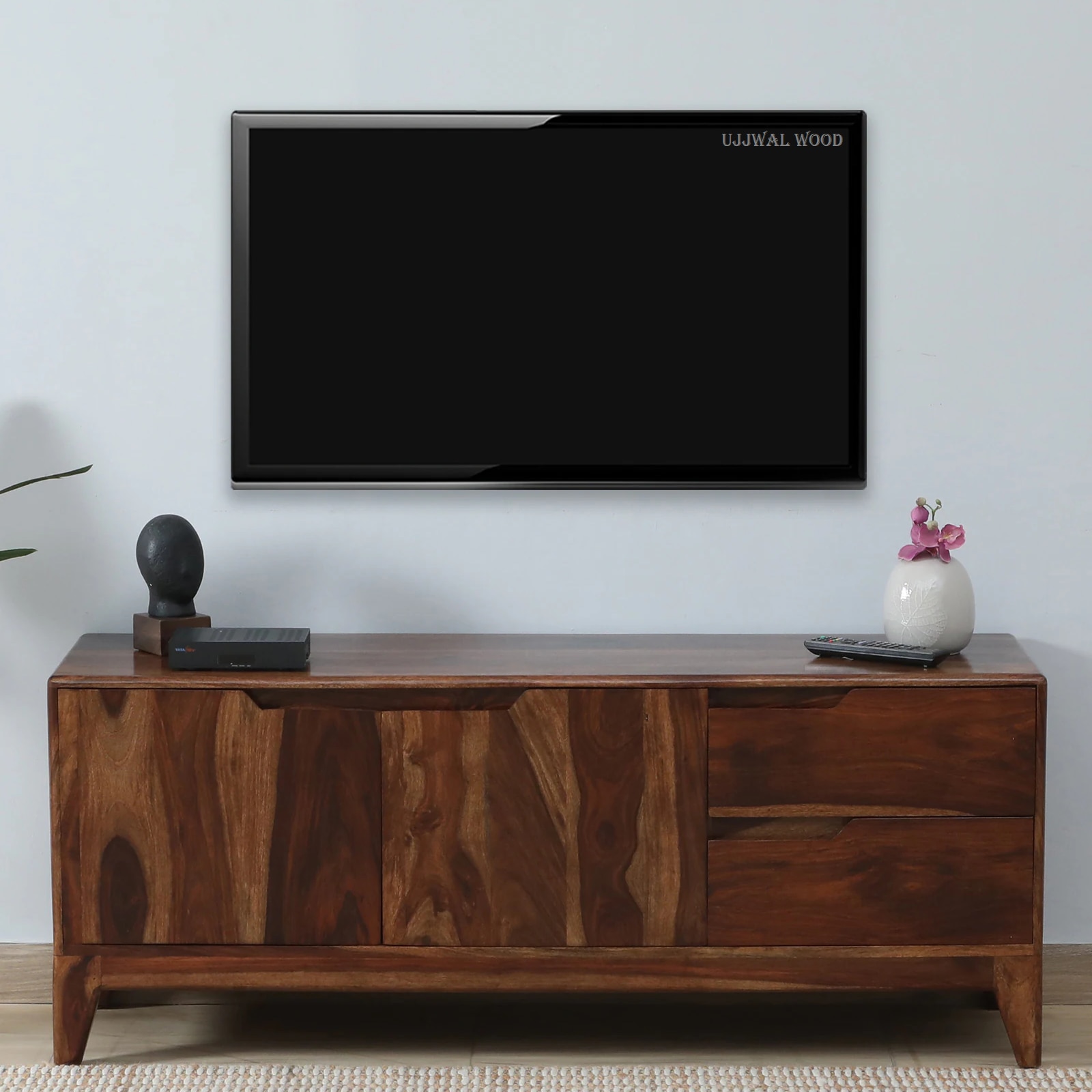 Sheesham Wood TV Unit In Provincial Teak Finish With Drawers