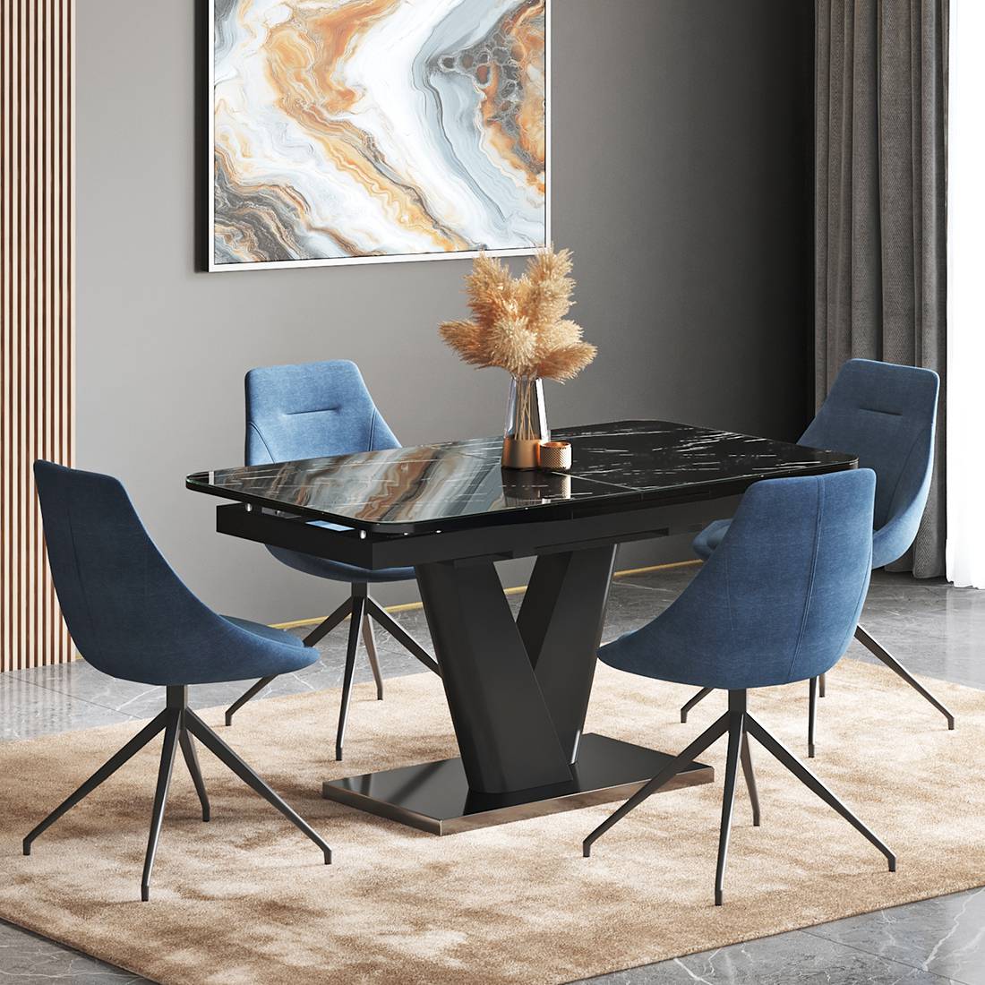 Caribu 4 To 6 Extendable Dining Table With Set Of 4 Doris Swivel Accent Chairs (Finish- Black High Gloss, Colour- Blue)