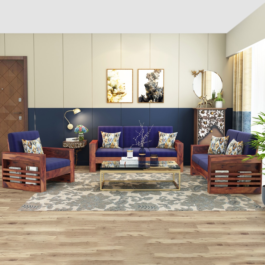 Maruti 3+2+1 Seater Wooden Sofa (BLUE Colour, Teak Finish)