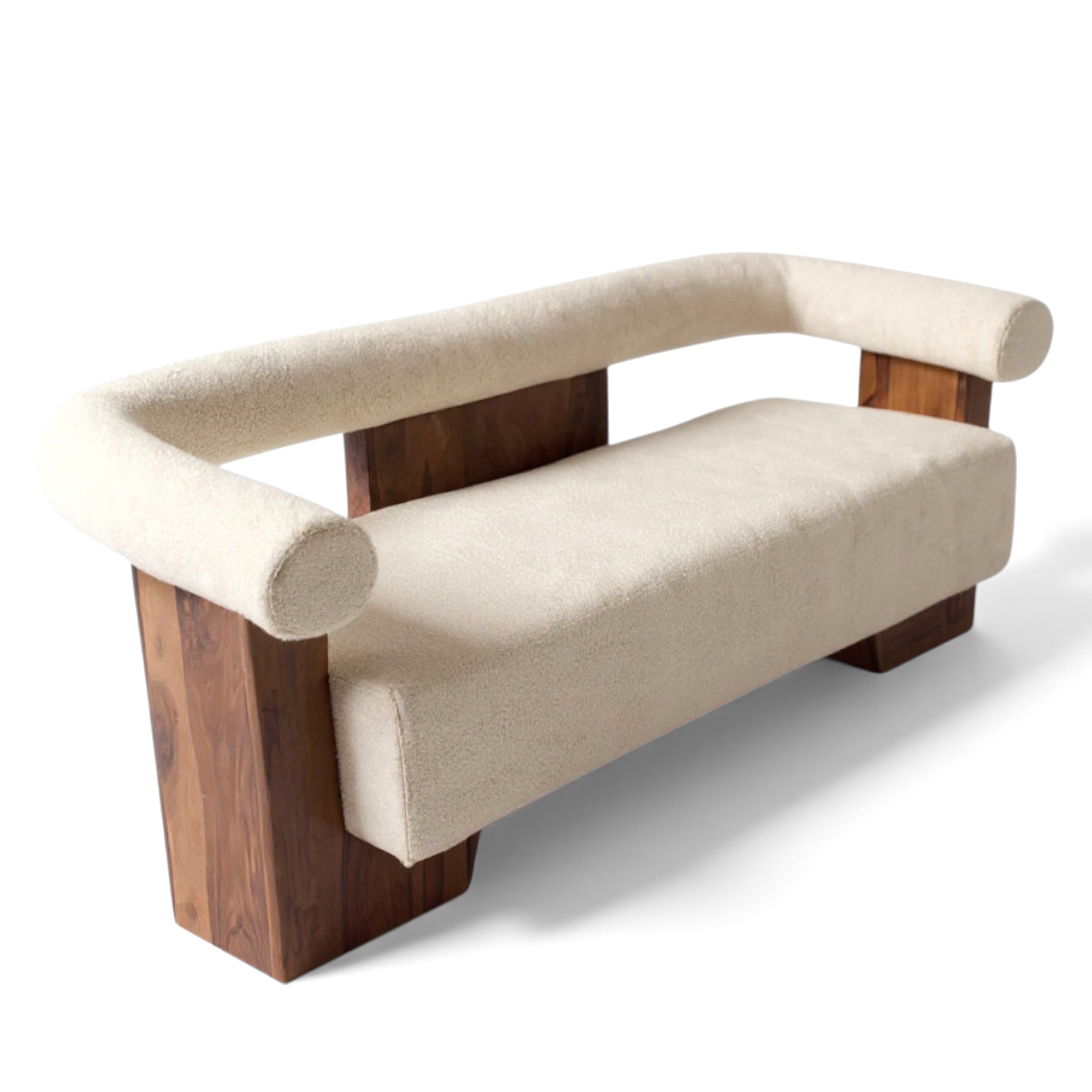 Westfield Sheesham Wood Mid Century 3 Seater Sofa (Off White Soft Boucle Fabric In Teak Finish)