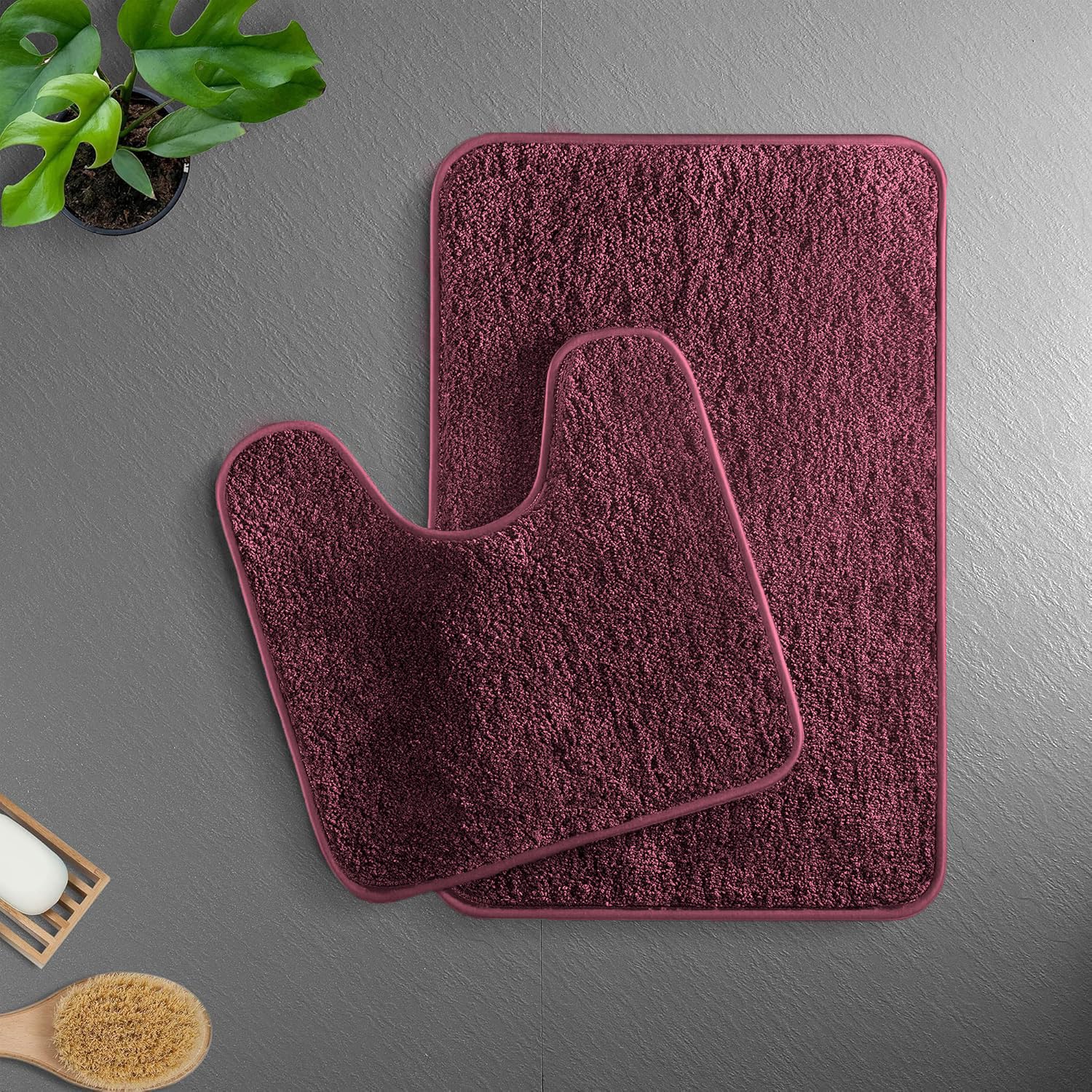 Luxe Home Polyester Newman Contour Bath Mat Set of 2 (Wine 45x75 cm & 40x45)