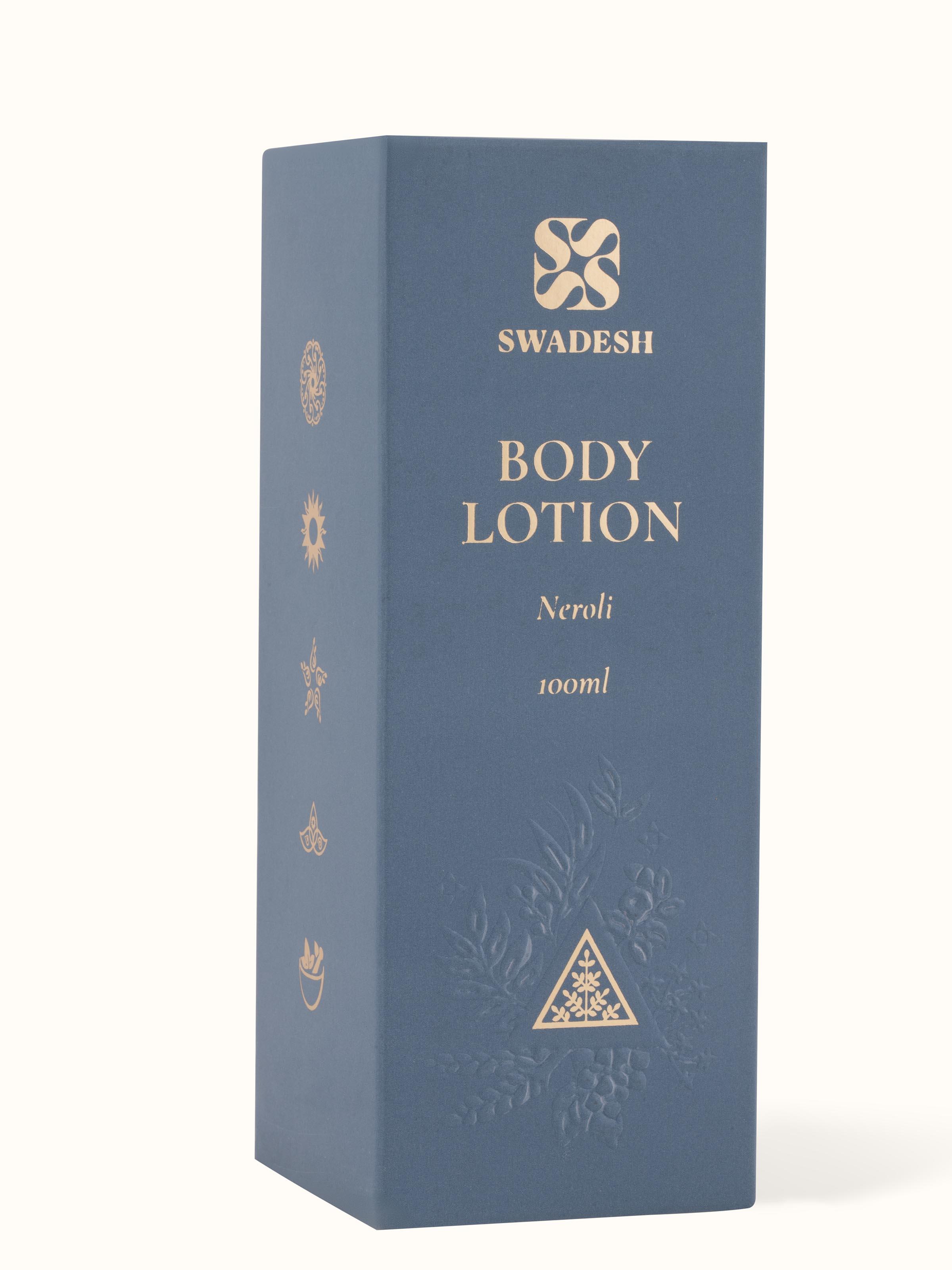 Side view of Body Lotion Neroli packaging displaying the elegant amber bottle and smooth contours