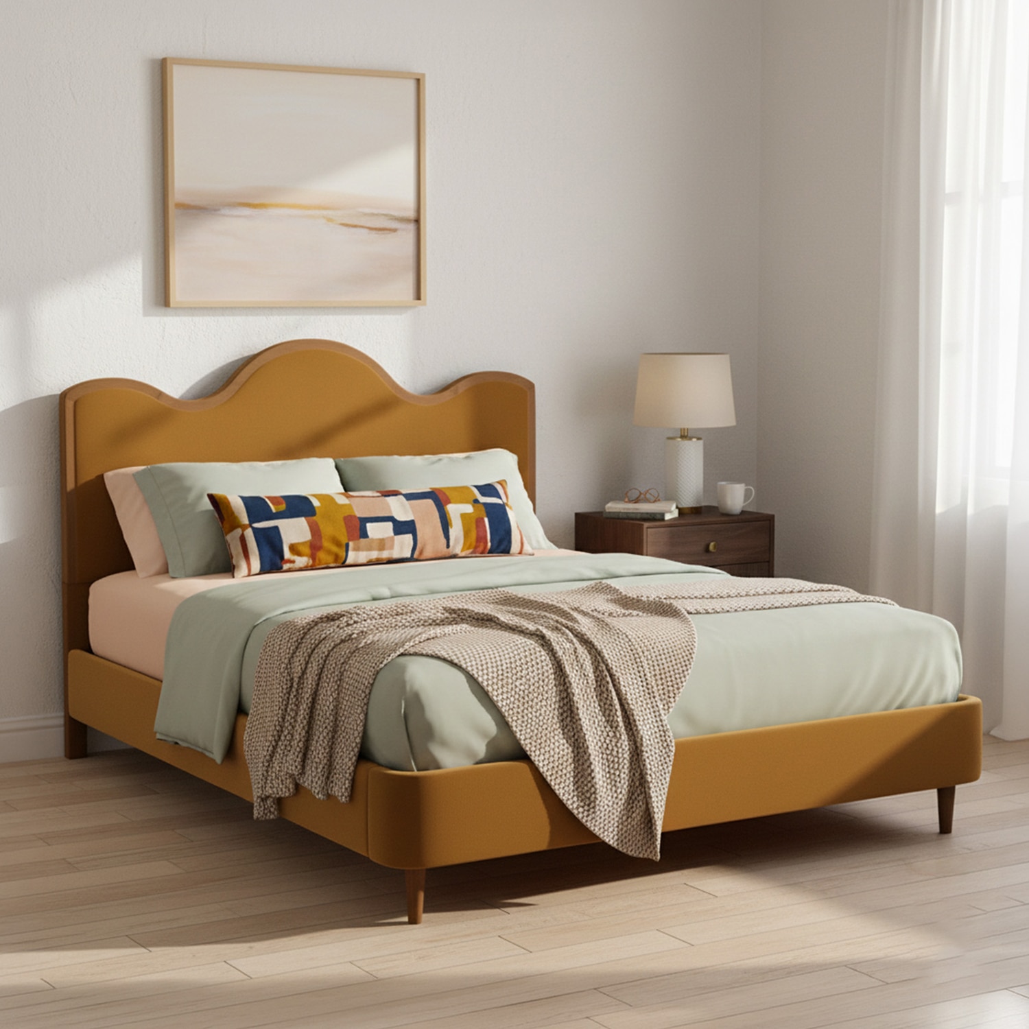 Solara Wave Luxe King Size Bed in velvet With Oak wood Frame & Hydraulic Storage - Nestroots