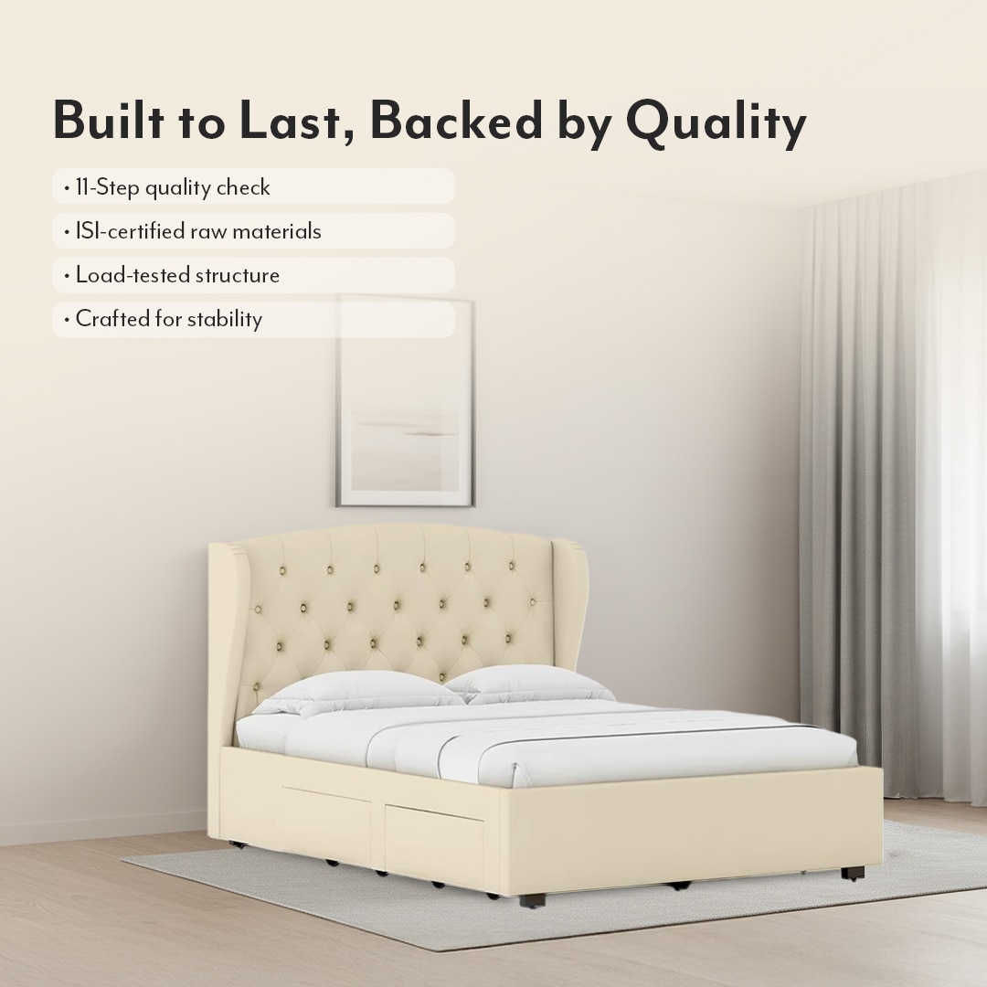 Holmebrook Engineered Wood King Size Drawer Storage Upholstered Bed Ivory White Leatherette